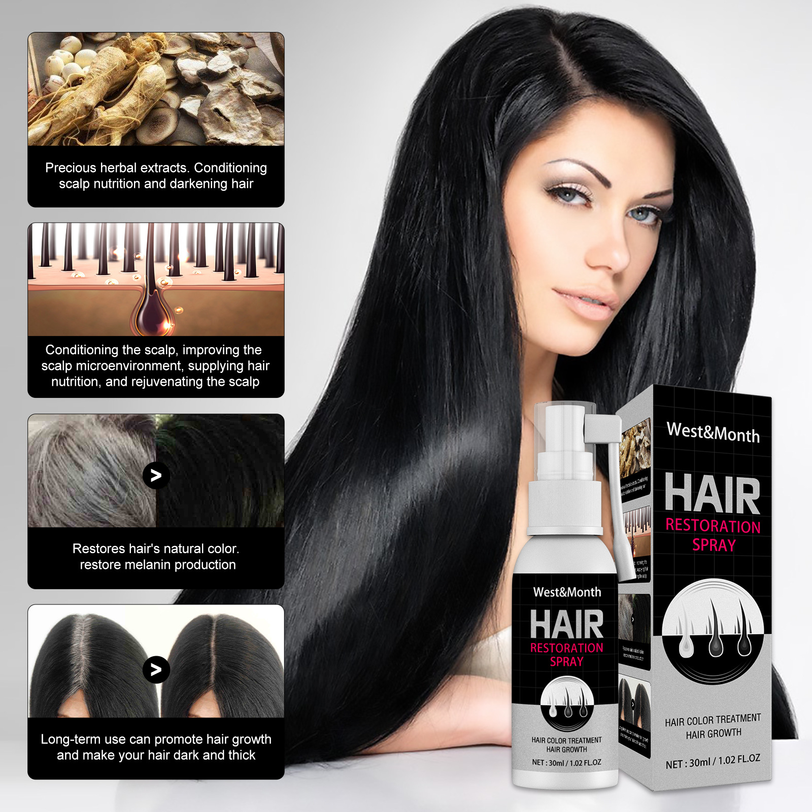 Hair Restoration Spray Black Hair Spray Non-greasy Moisturizing Effective Anti-Hair Loss 30ml