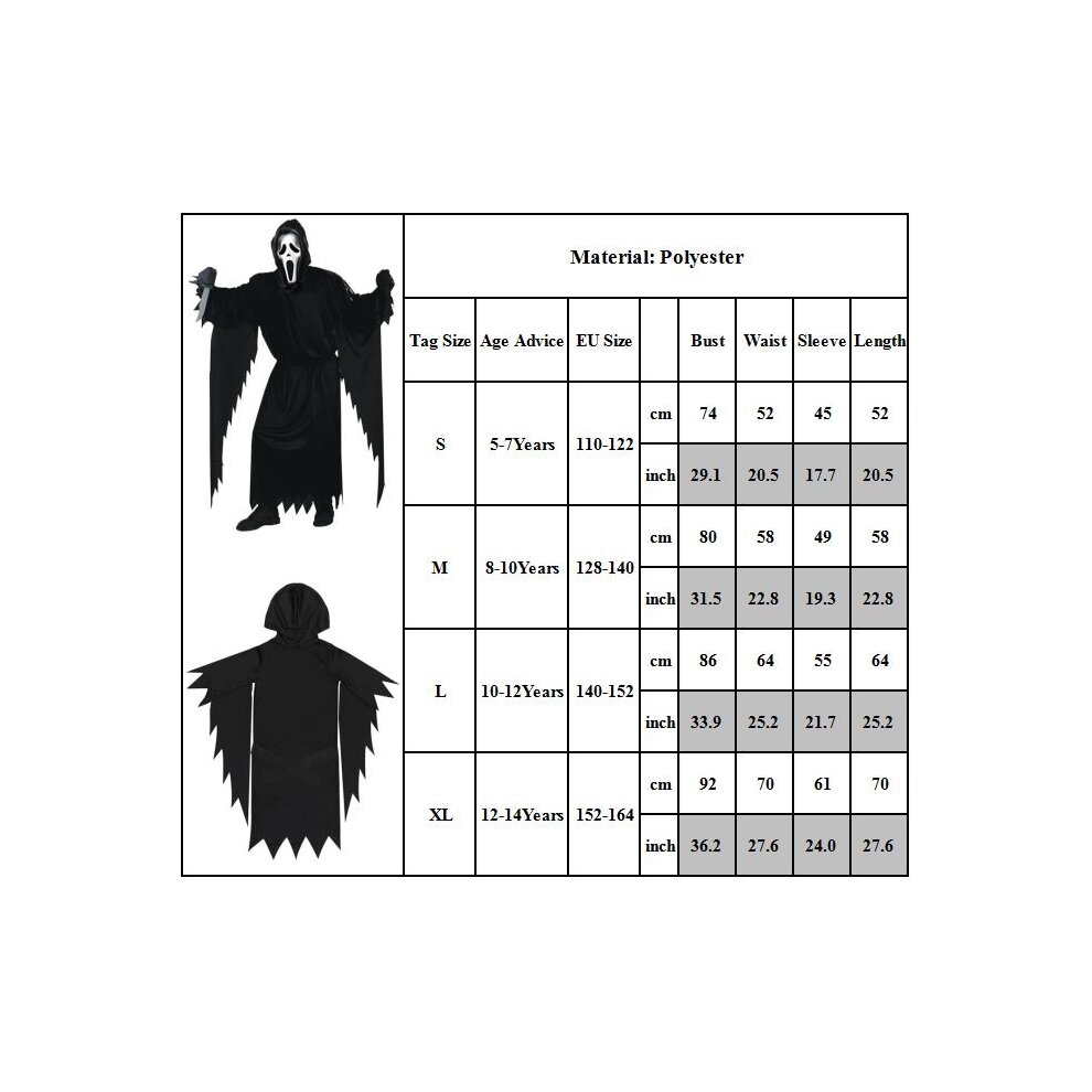(S) Kids Scream Costume Ghost Halloween Boys Girls Cosplay Fancy Dress Outfit With Mask