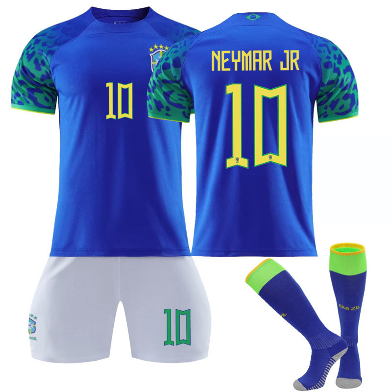 (Kids 16) Football Jersey Kits Brazil Away Neymar Jr No-10 Soccer Short Sleeve T-shirt Pants Socks Sey Gym Outdoor Workout Training Sportswear Gifts for Kids Adults Boys Youths