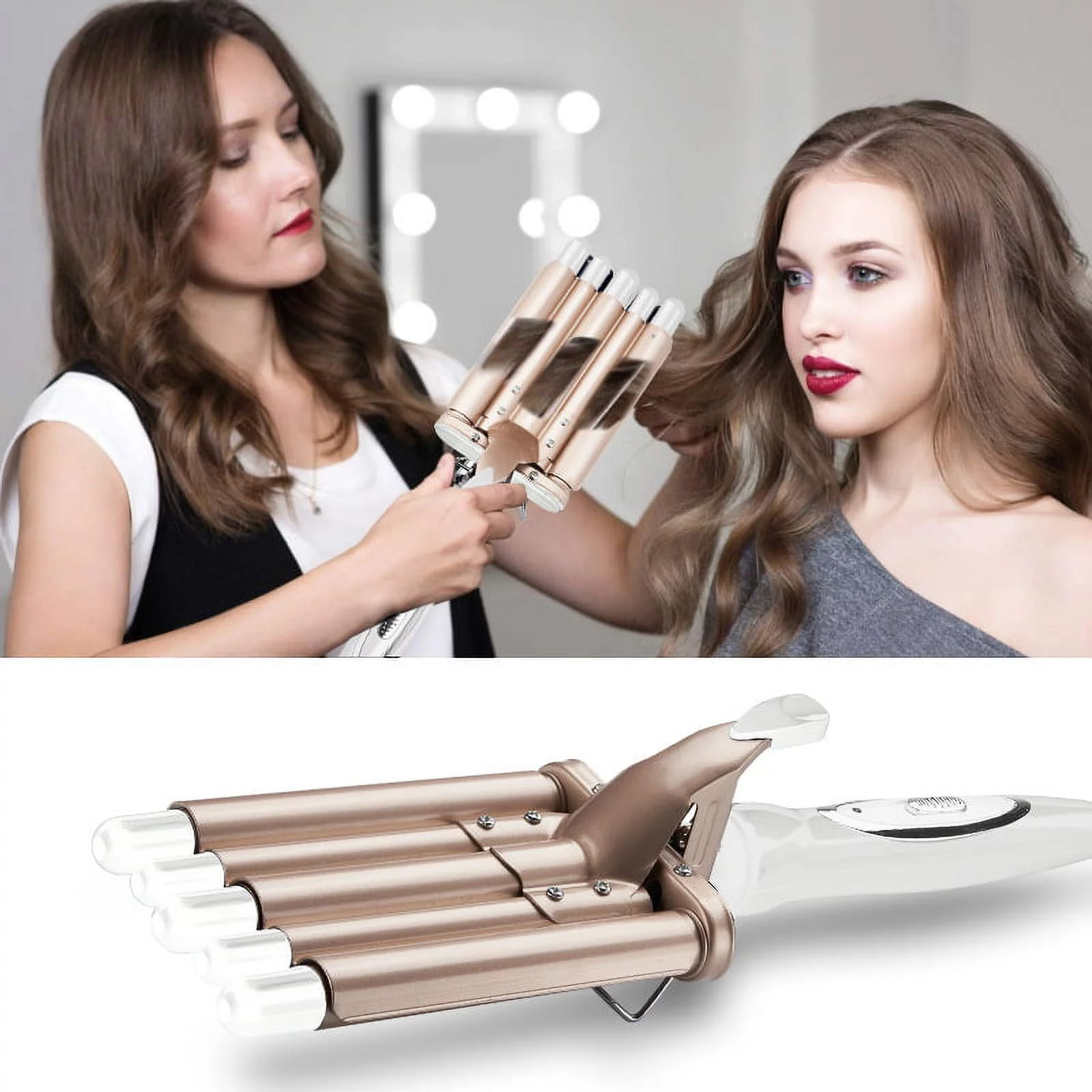 Hair Curlers 5 in 1 Curling Wand Set with Barrel Hair Crimper for Women Beach Waver Curling Iron Wand Fast Heating Hair Wand in All Hair Type Gold 22mm
