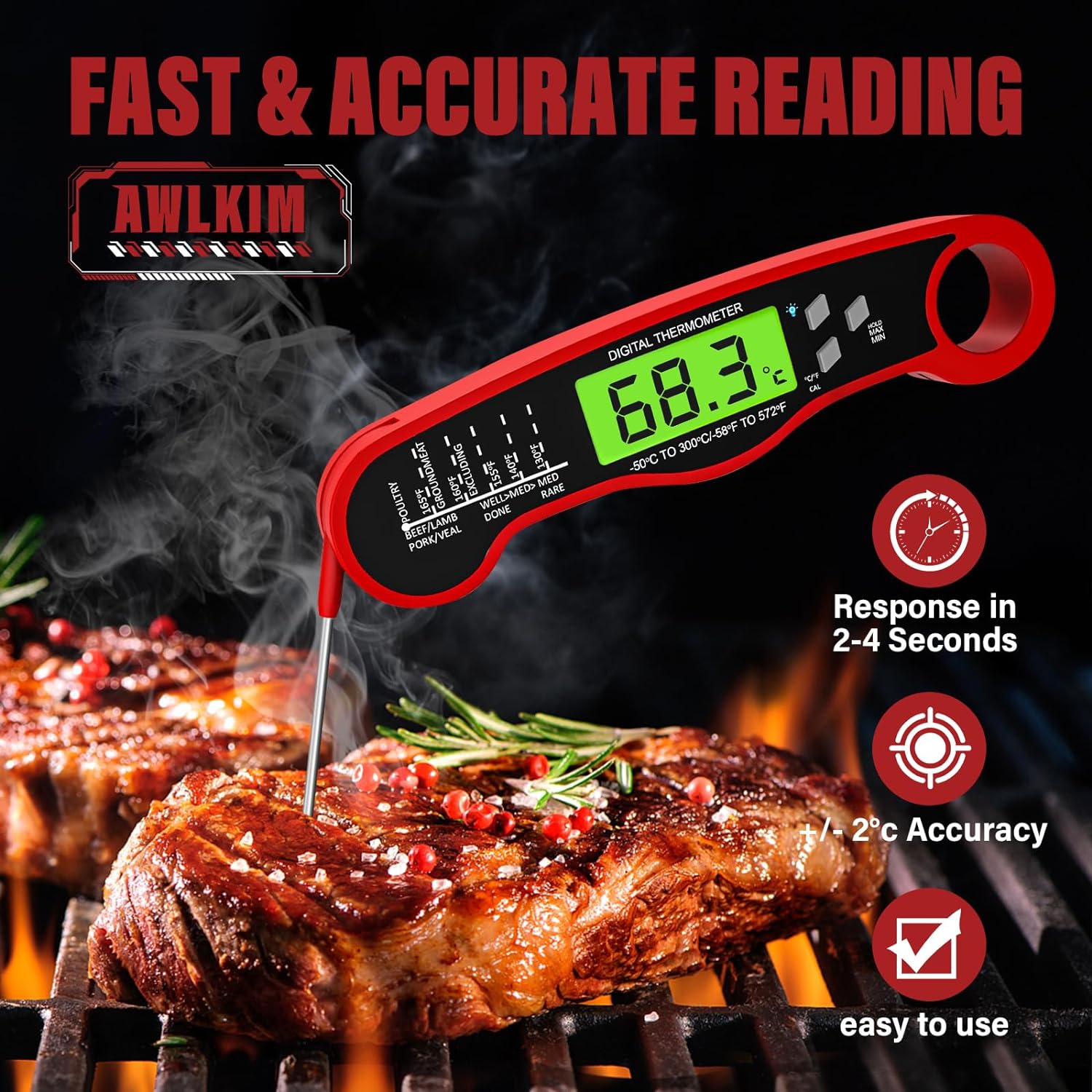 Digital Meat Thermometer Probe - Fast Instant Read Food Thermometer for Cooking, Candy Making, Outside Grill, Waterproof Kitchen Thermometer with Backlight & Hold Function