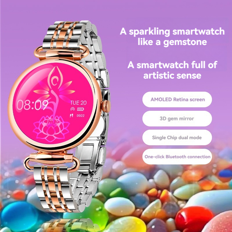 (Gold) Women Smart Watch 1.28 Inch AMOLED HD Screen 3D Gem Mirror Stainless Steel BT Call Female Security Period Blood Oxygen
