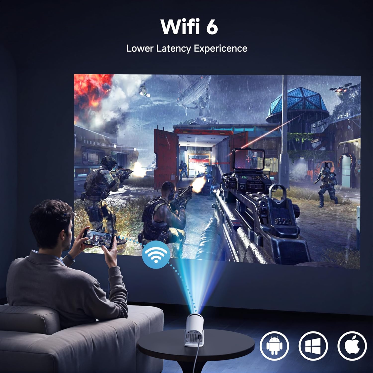 (White) Mini Projector with WiFi BT Portable Projektor 4k Full HD1080P Support Auto Keystone Rotatable Smart Outdoor Projector with Android OS White