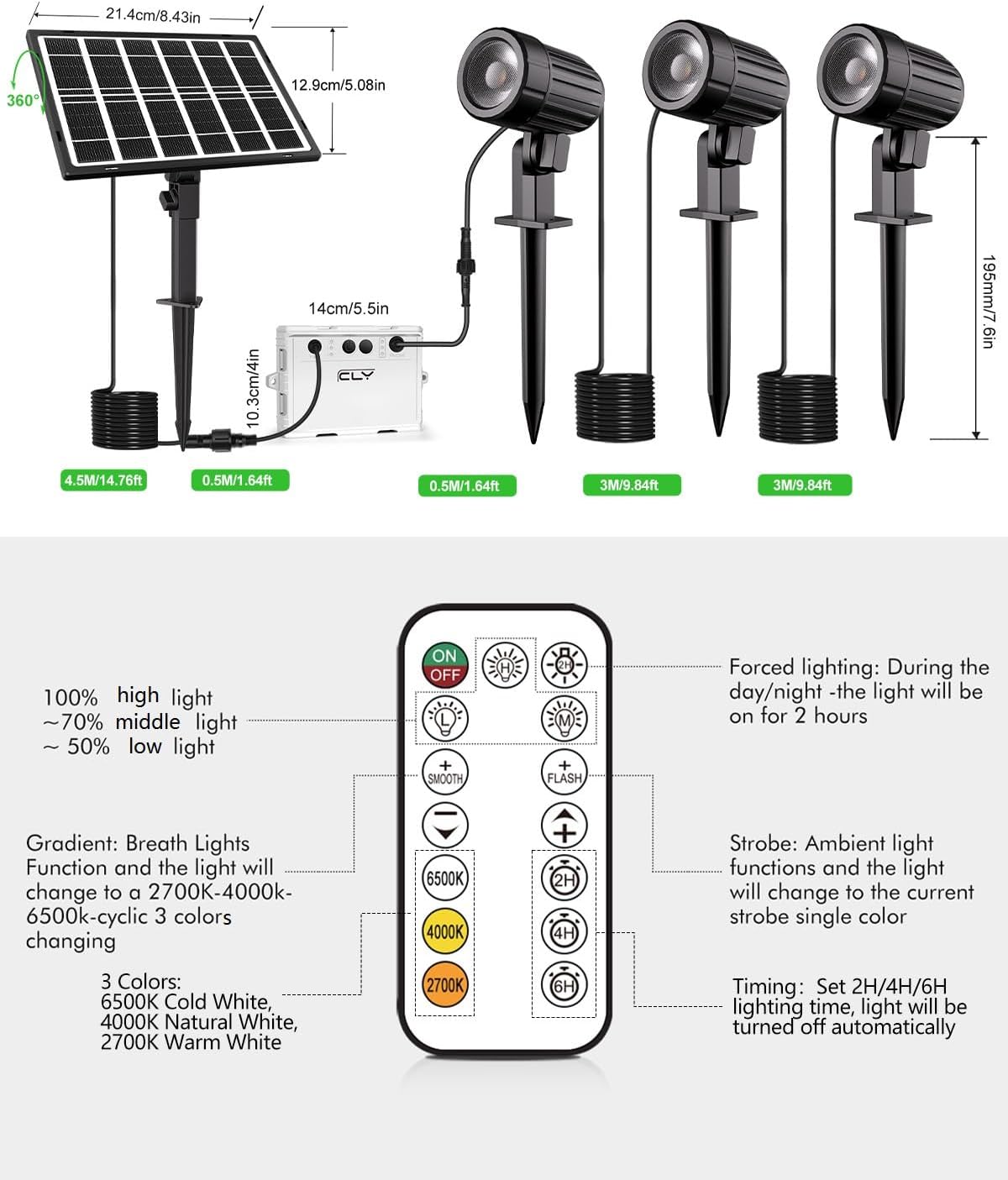 (3 in 1) Solar Spotlights Outdoor Garden Solar Landscape Garden Spotlights IP66 Waterproof Solar Powered Garden Floodlights Spike Lights 2700K/4000K/6500K 