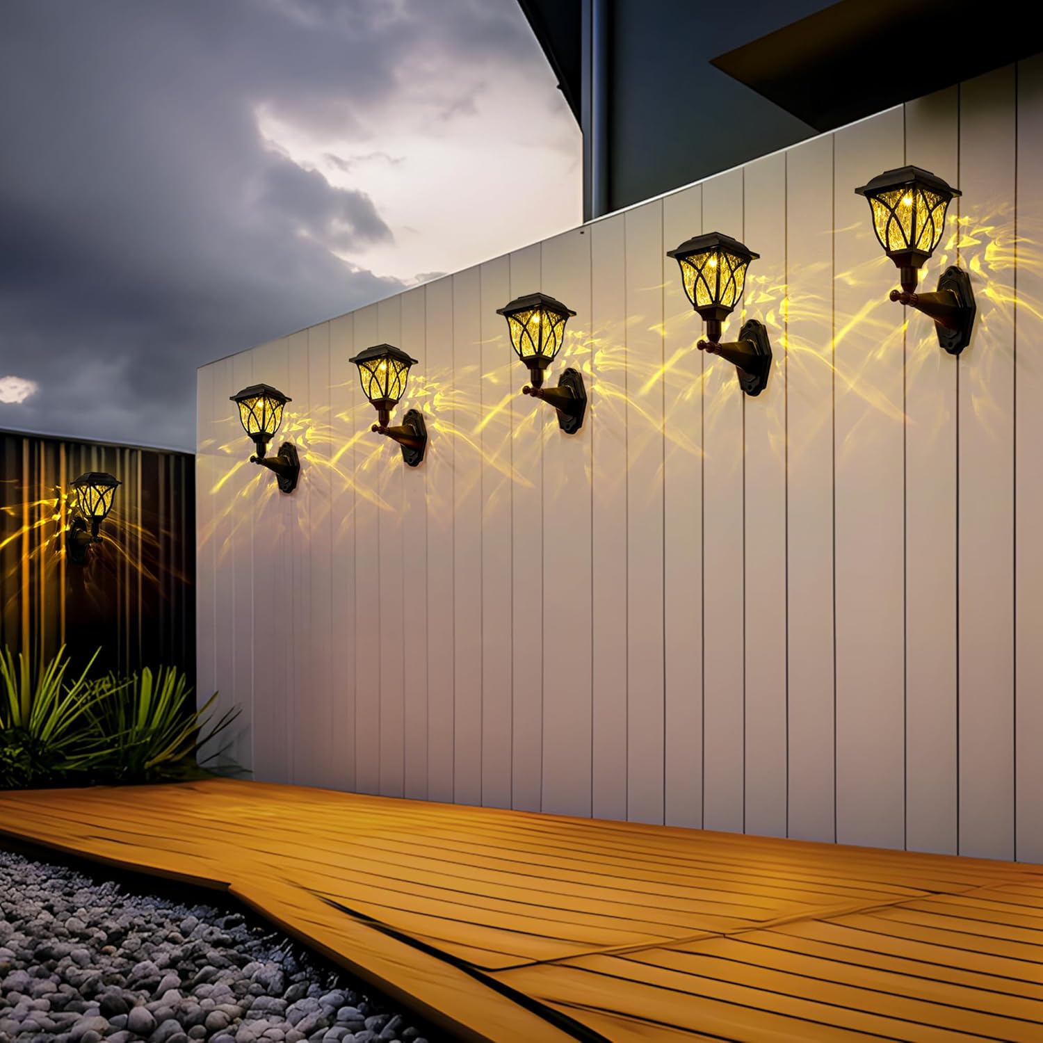 (4 pcs) Solar Lights Outdoor Garden Solar Powered Outdoor Wall Lights Waterproof Solar Fence Lights Decoration for Patio Garage Shed Yard Deck Warm White