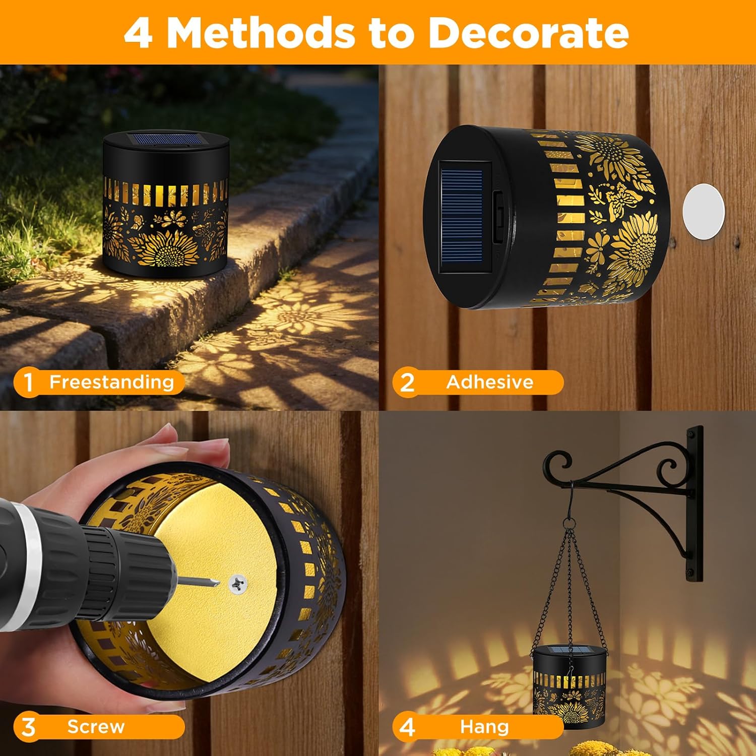 2 Pack Solar Lantern Wall Lights Sunflower Pattern Warm White Outdoor Fence Lights Auto On Off Waterproof Garden Light 3 Installation Solar Lantern Outdoor for 