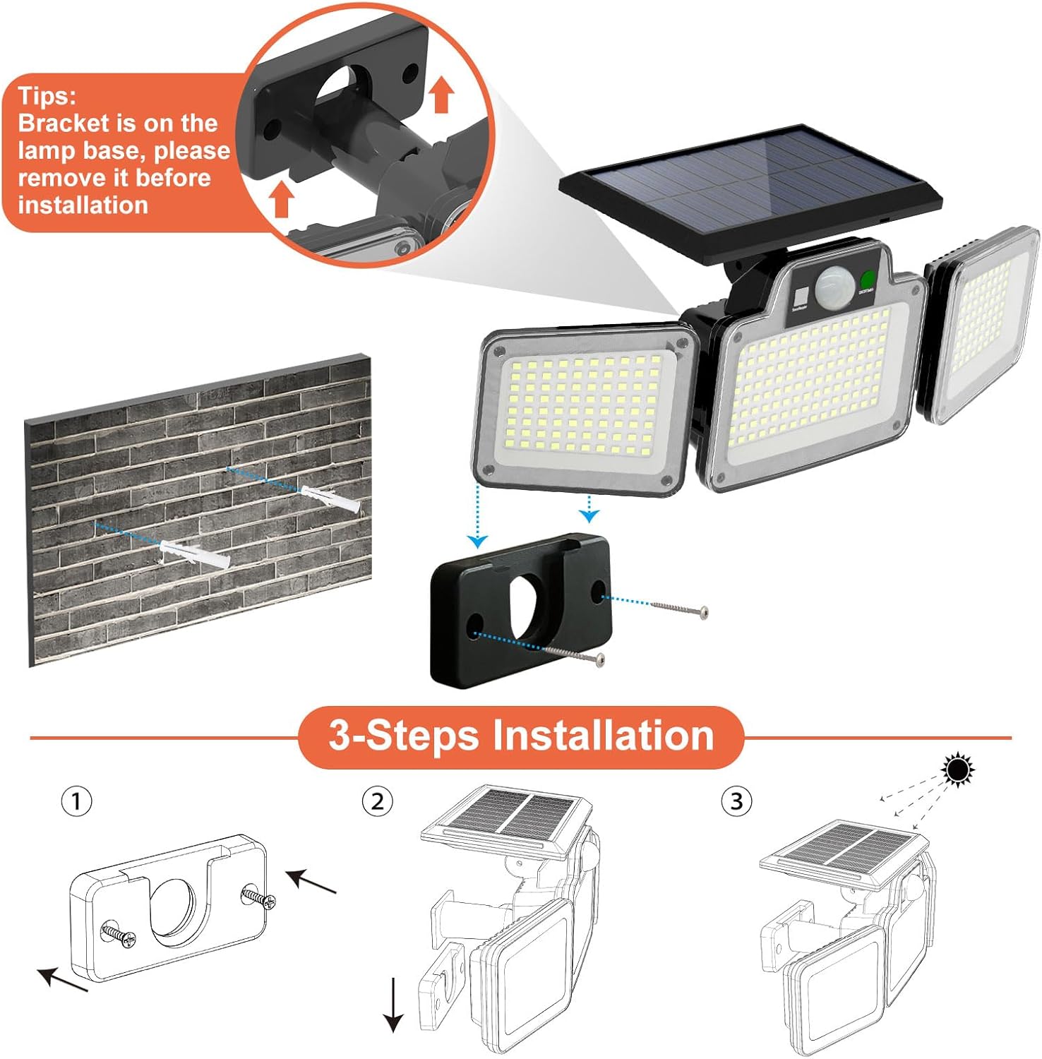 (1 pcs) 280 LED Solar Flood Lights Outdoor 3 Adjustable Heads Solar Lights Outdoor Garden Motion Sensor Waterproof Wireless Solar Security Lights Outside for Yard