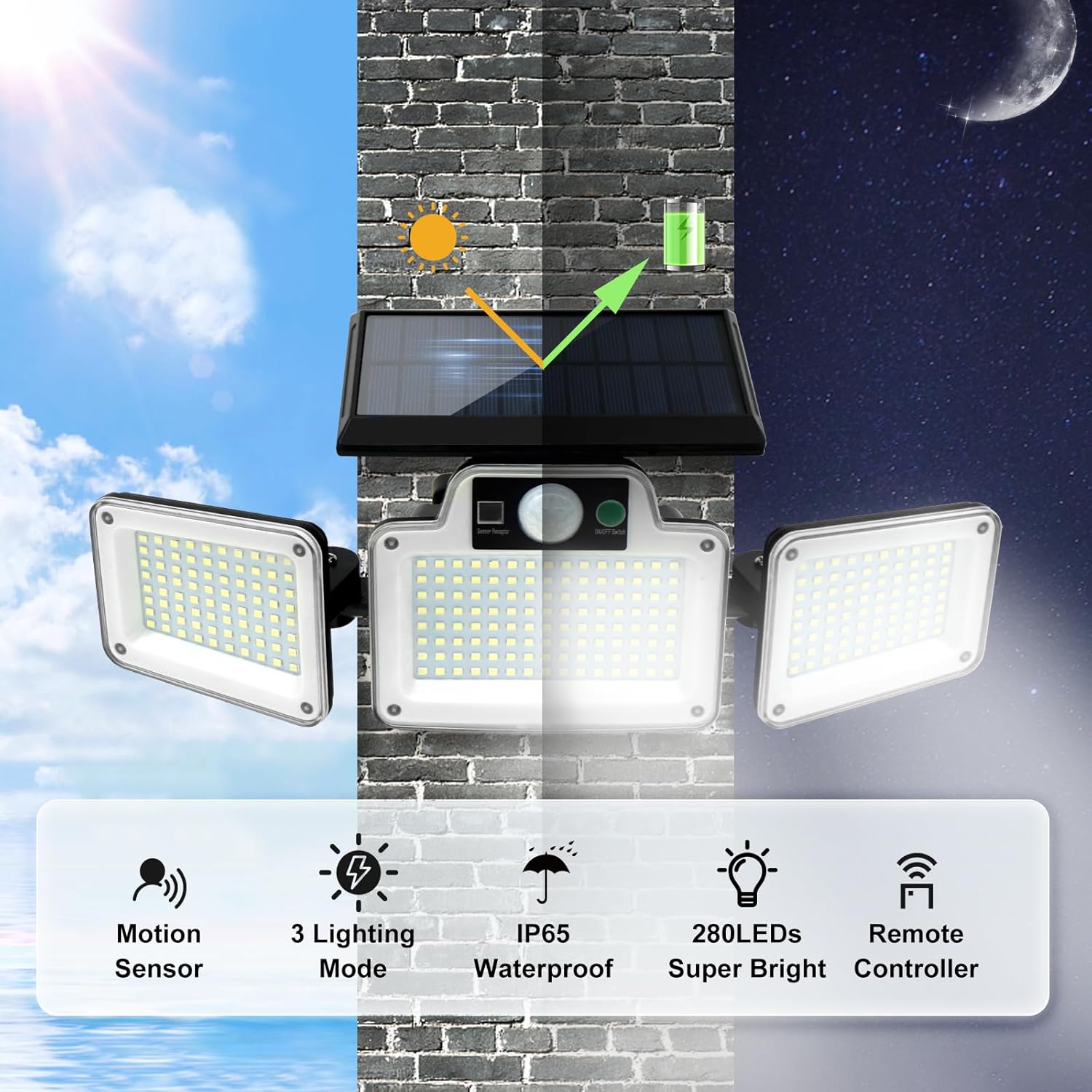 (1 pcs) 280 LED Solar Flood Lights Outdoor 3 Adjustable Heads Solar Lights Outdoor Garden Motion Sensor Waterproof Wireless Solar Security Lights Outside for Yard