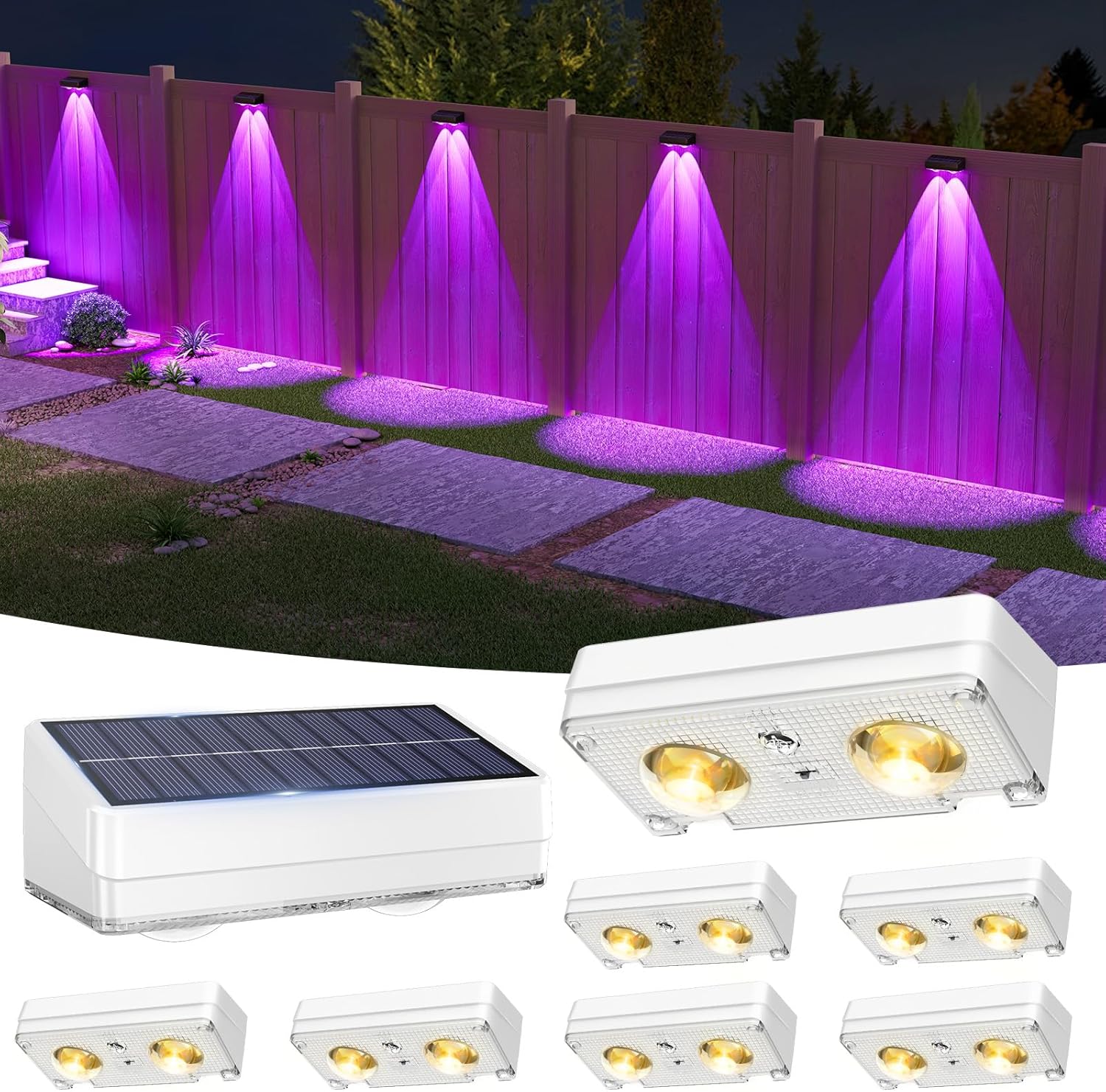 (White Shell) Solar Fence Lights Outdoor Garden 8 Pack RGB Solar Wall Lights Outdoor Waterproof Bright Solar Powered Garden Fence Lights 9 Color Modes for Deck Patio Decking 