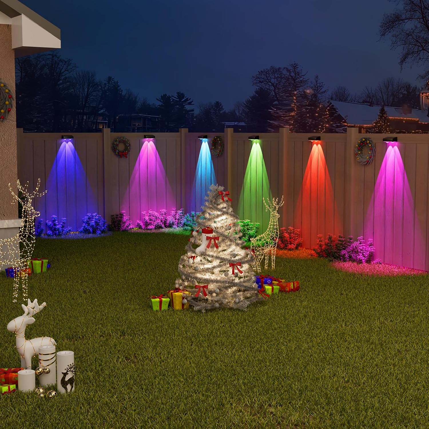 (White Shell) Solar Fence Lights Outdoor Garden 8 Pack RGB Solar Wall Lights Outdoor Waterproof Bright Solar Powered Garden Fence Lights 9 Color Modes for Deck Patio Decking 