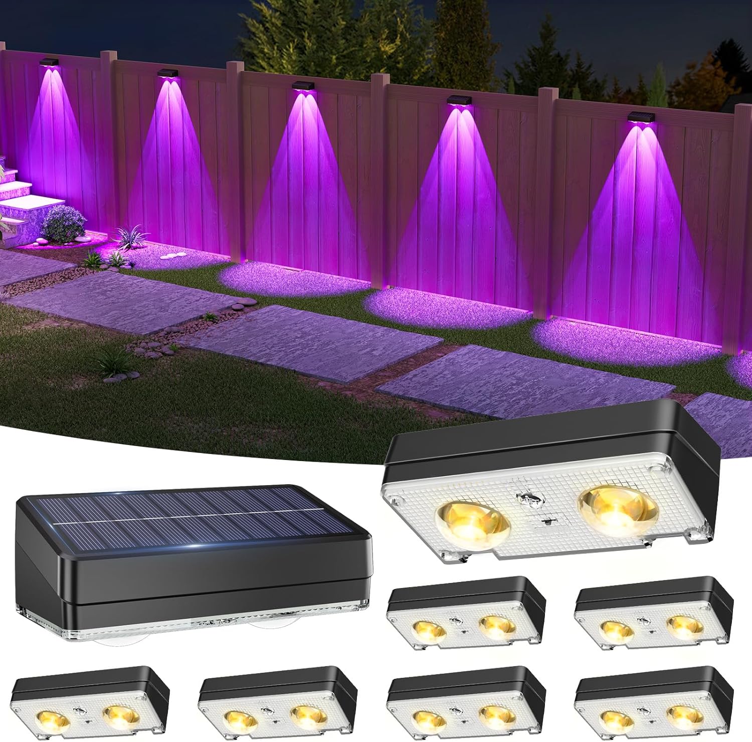 (White Shell) Solar Fence Lights Outdoor Garden 8 Pack RGB Solar Wall Lights Outdoor Waterproof Bright Solar Powered Garden Fence Lights 9 Color Modes for Deck Patio Decking 