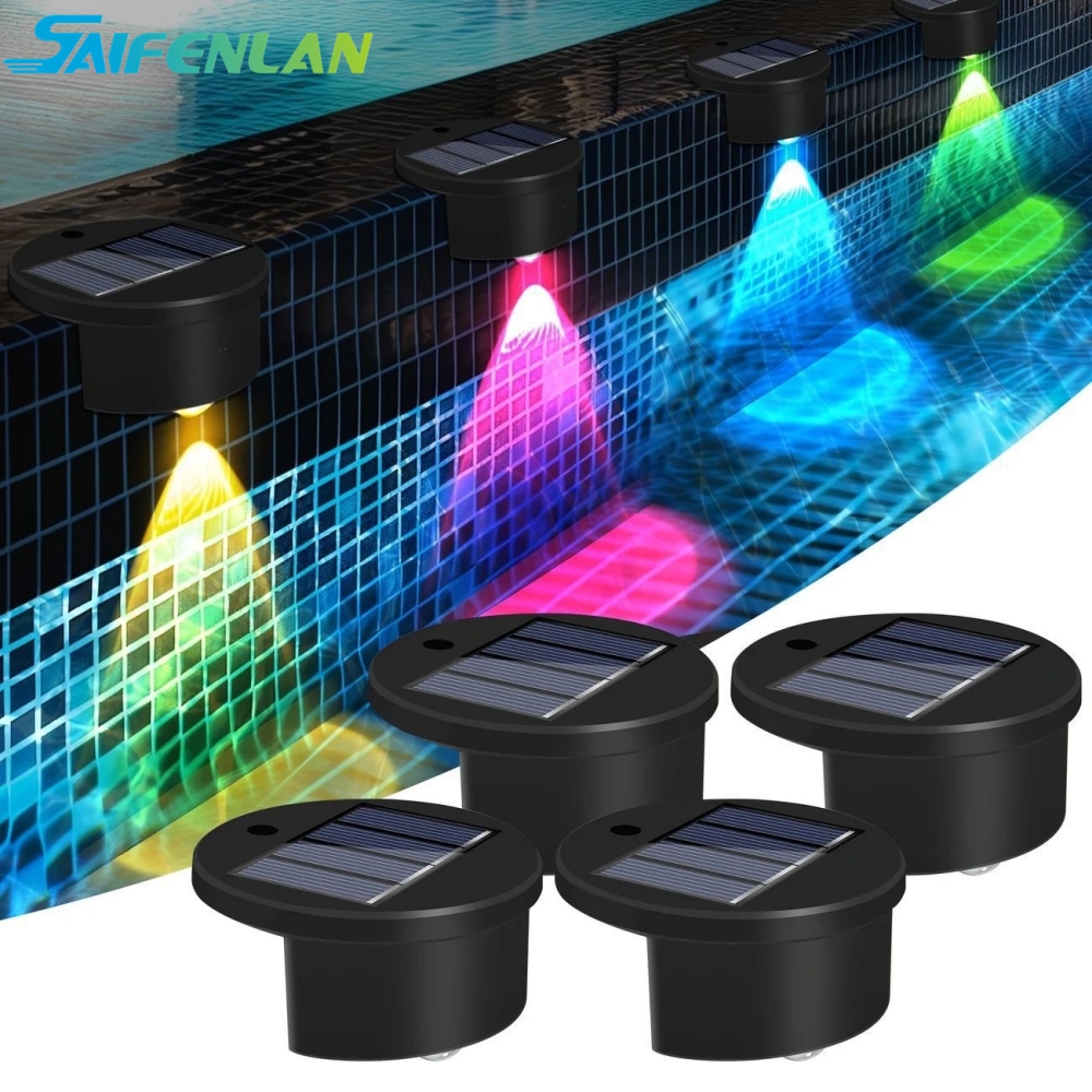 (Warm White) 4pcs Solar Pool Side Lights Color Changing Waterproof Swimming Pool Accessories LED Deck Lights for Stairs Step Fence Yard