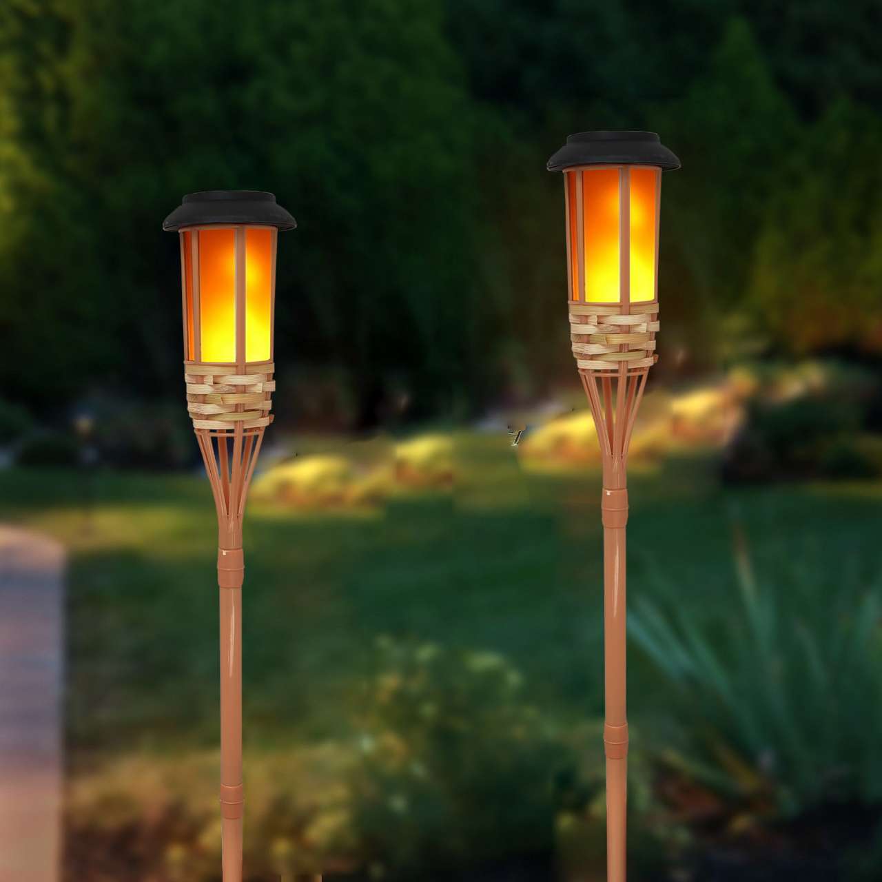 (2 PCS) Solar Lamps LED Flame Effect Lamp Handcraft Bamboo Waterproof Garden Lighting Lawn Torches Yard Landscape Outdoor Light