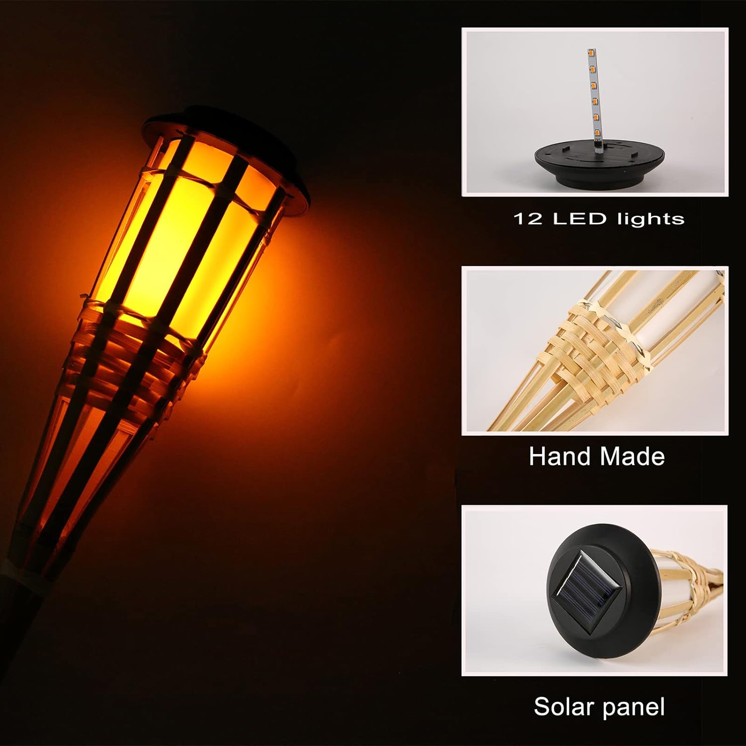 (2 PCS) Solar Lamps LED Flame Effect Lamp Handcraft Bamboo Waterproof Garden Lighting Lawn Torches Yard Landscape Outdoor Light