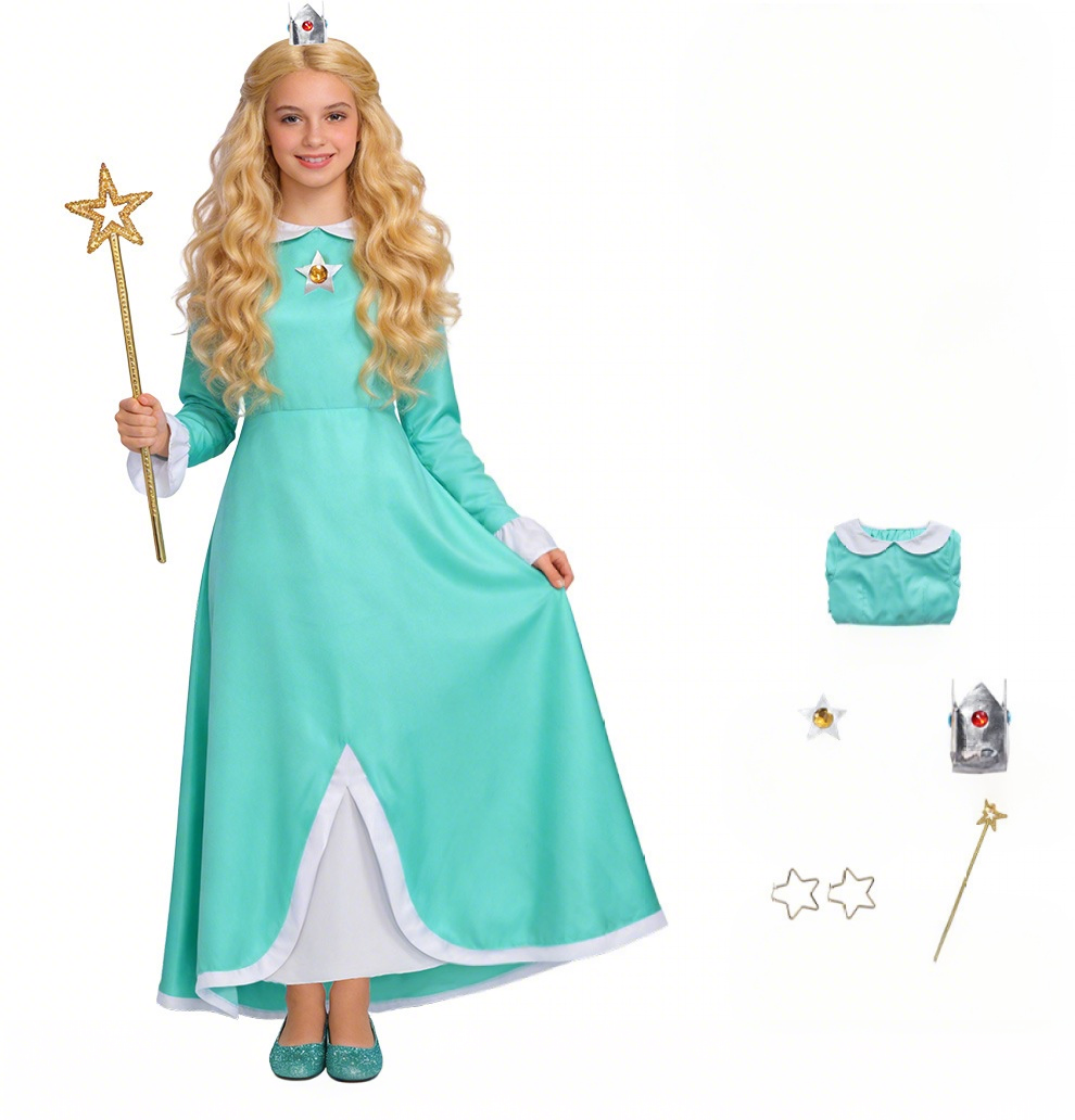 (110CM) Kids Rosalina Princess Long Dress Super Mario Pink Peach Costume for Halloween Party Stage Performance