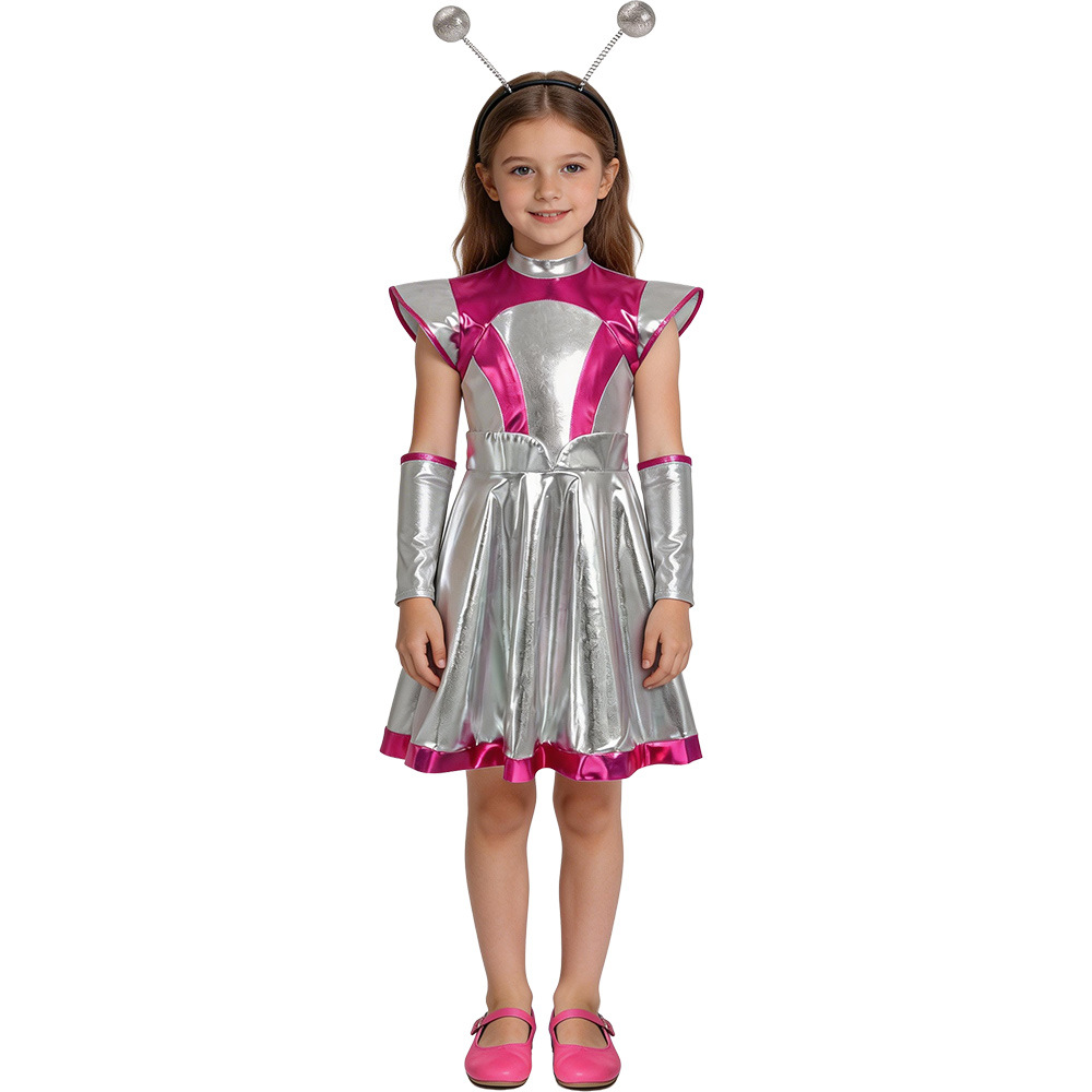 (130CM) Kids Alien Space Shiny Dress Costume for Halloween Party Stage Performance AI Outer Space Cosplay Outfit