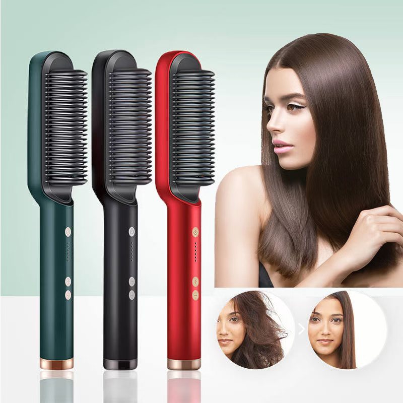 (Grren) Electric Professional 2 In 1 Hot Comb Hair Straightener Electric Hair Brush Negative Ion Multi-Temperature Styling Tool