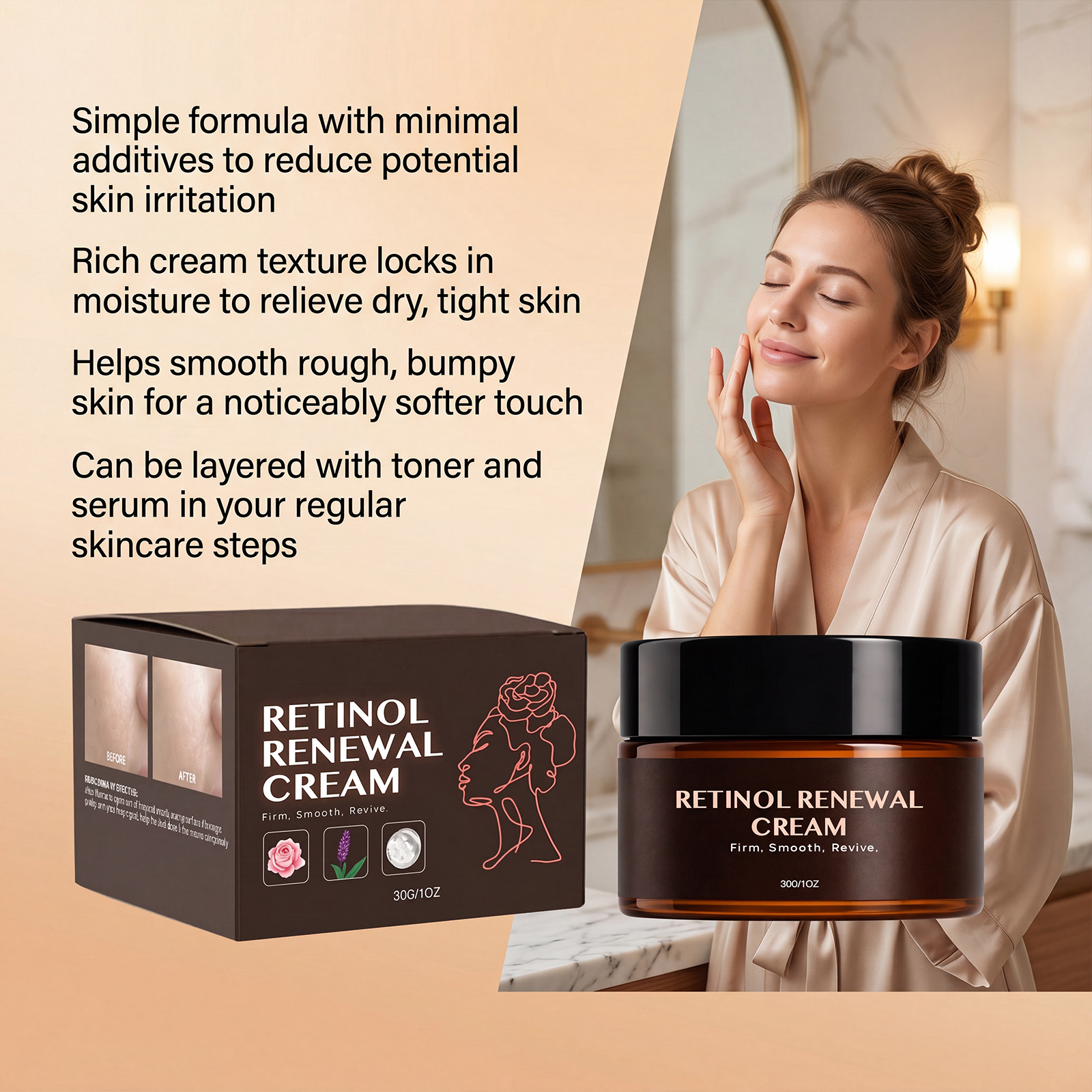 Retinol Renewal Cream Moisturizing Mild Nourishing Soft Absorbent Light Skin Friendly Facial Skin