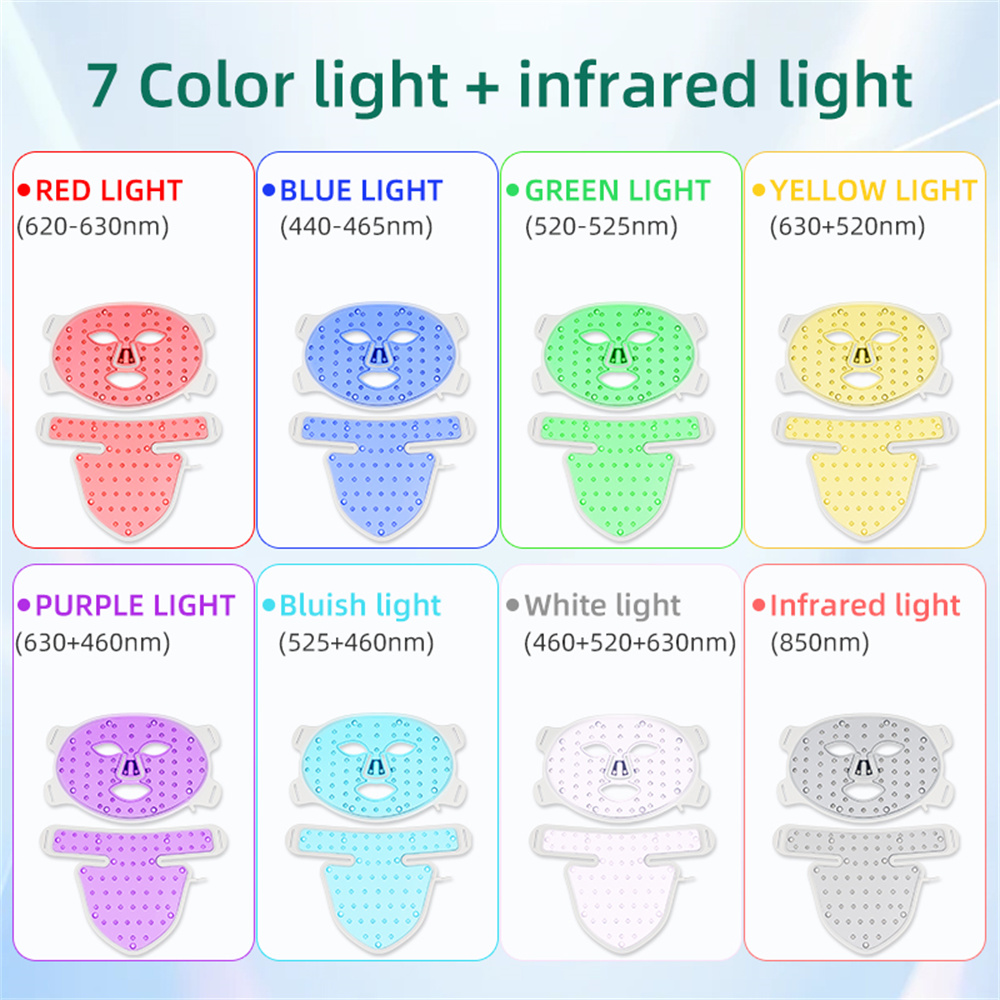 (Green) LED 7 Colors Face Mask and Neck Red Light Near Infrared Therapy Light Therapy Masks Anti Aging Wrinkle Acne Pore Oil Control Skin Tighten Whiten 