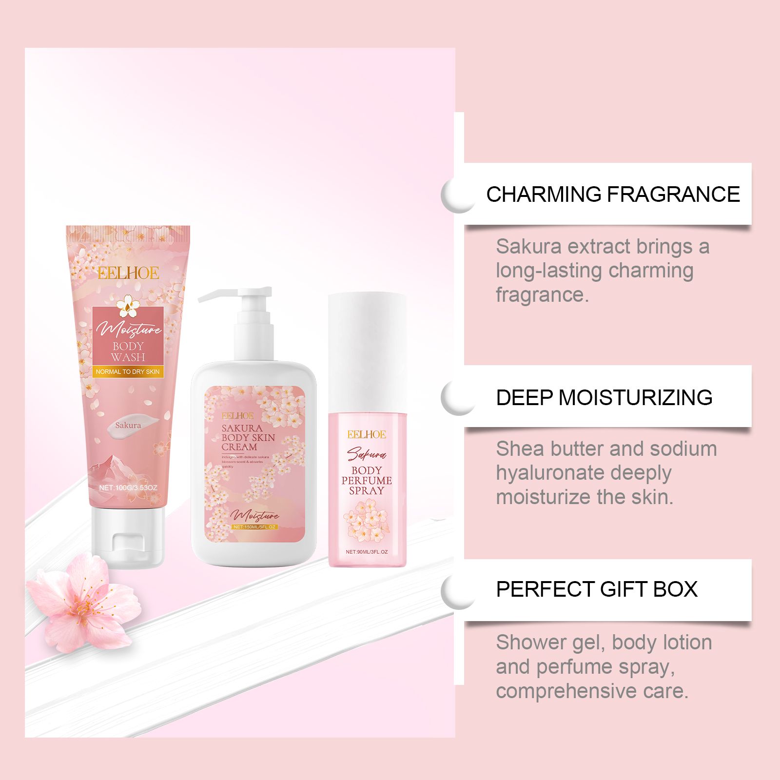 Cherry Blossom Body Care Set With Body Wash Lotion And Perfume Spray For Daily Hydration