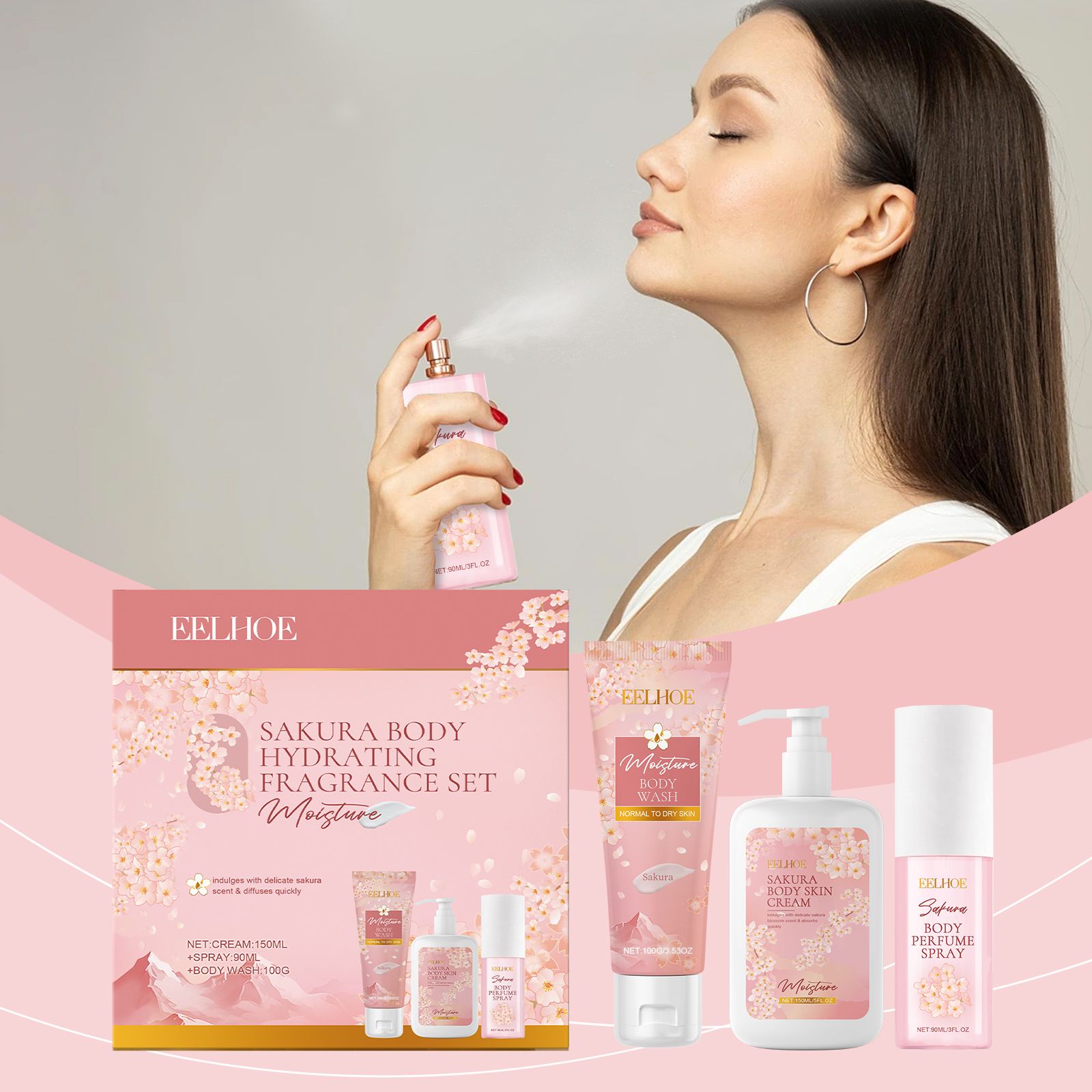 Cherry Blossom Body Care Set With Body Wash Lotion And Perfume Spray For Daily Hydration