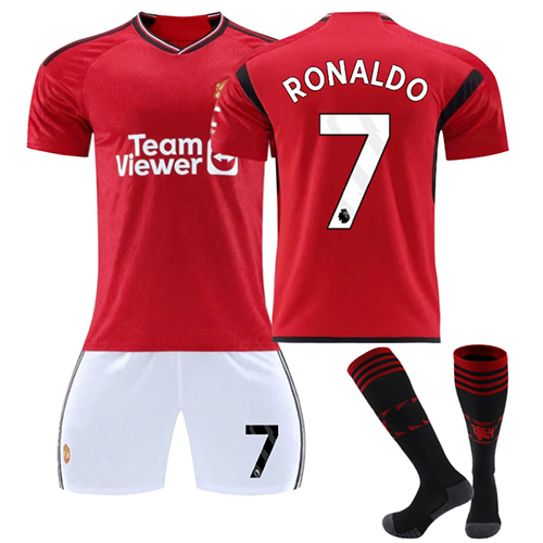 No. 7 Ronaldo Football Kits for Kids Team Home Jersey 2023 2024 Soccer Jersey Tracksuit Set Football Shirt Shorts Socks