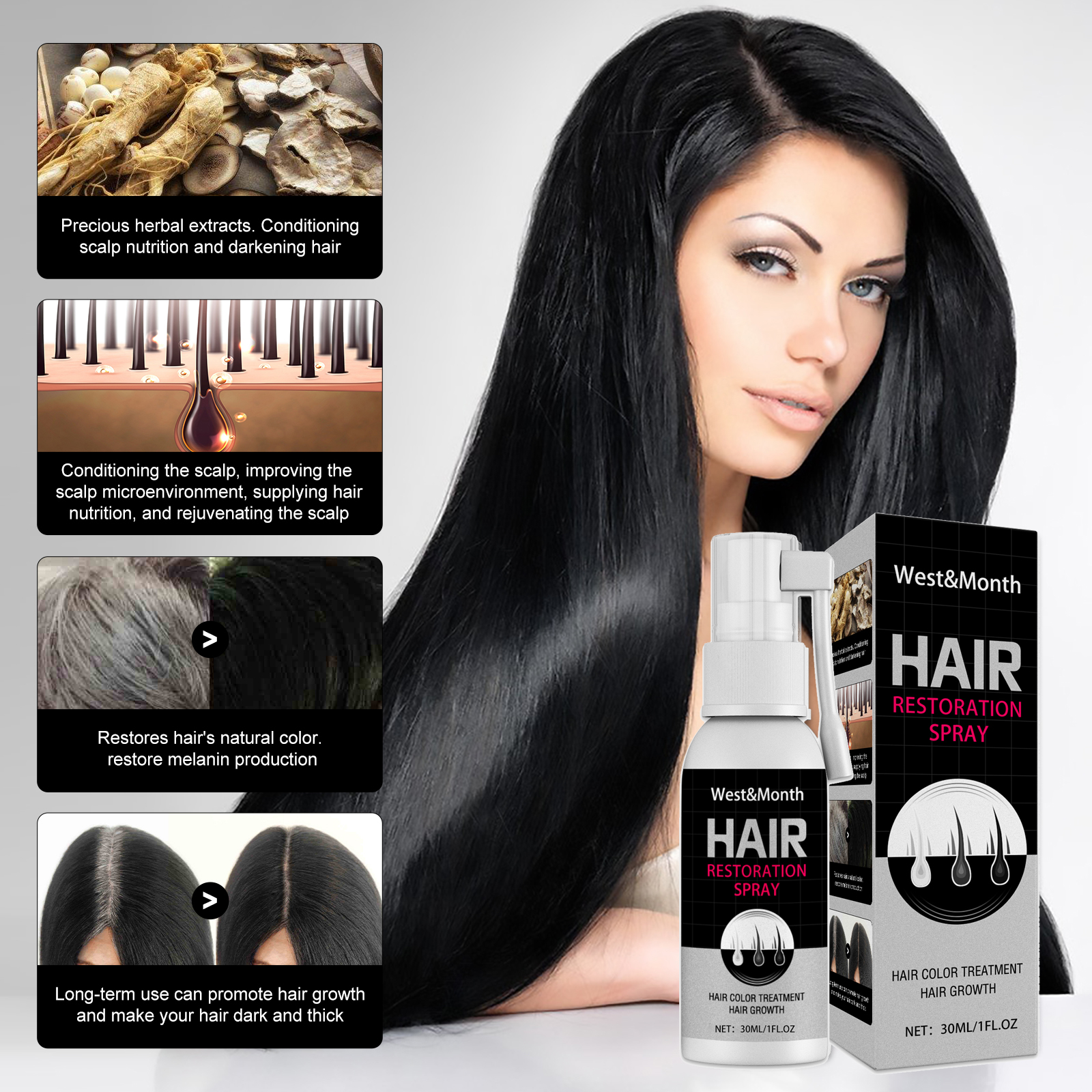 Black Hair Spray White Hair Coverage Natural Black Hair Restore Healthy Hair Prevent Hair Loss Gray White Hair Treatment Serum ﻿