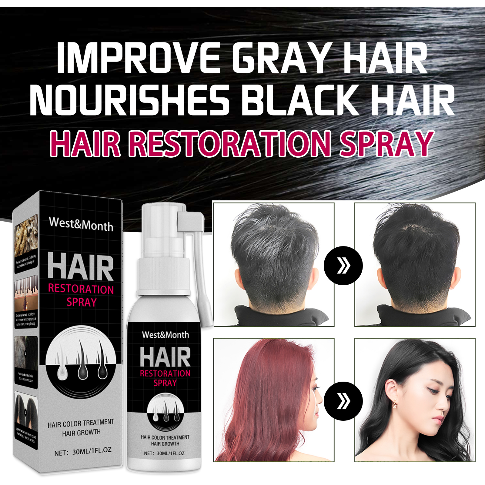 Black Hair Spray White Hair Coverage Natural Black Hair Restore Healthy Hair Prevent Hair Loss Gray White Hair Treatment Serum ﻿