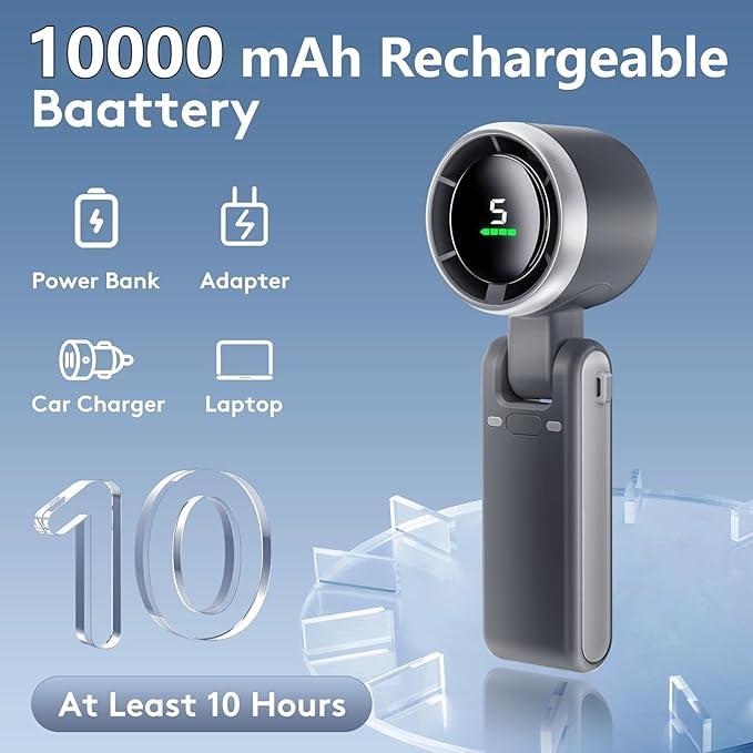 Handheld Fan Portable Foldable USB Rechargeable, Ultra Quiet 5-speed Adjustable, 3600mAh Battery