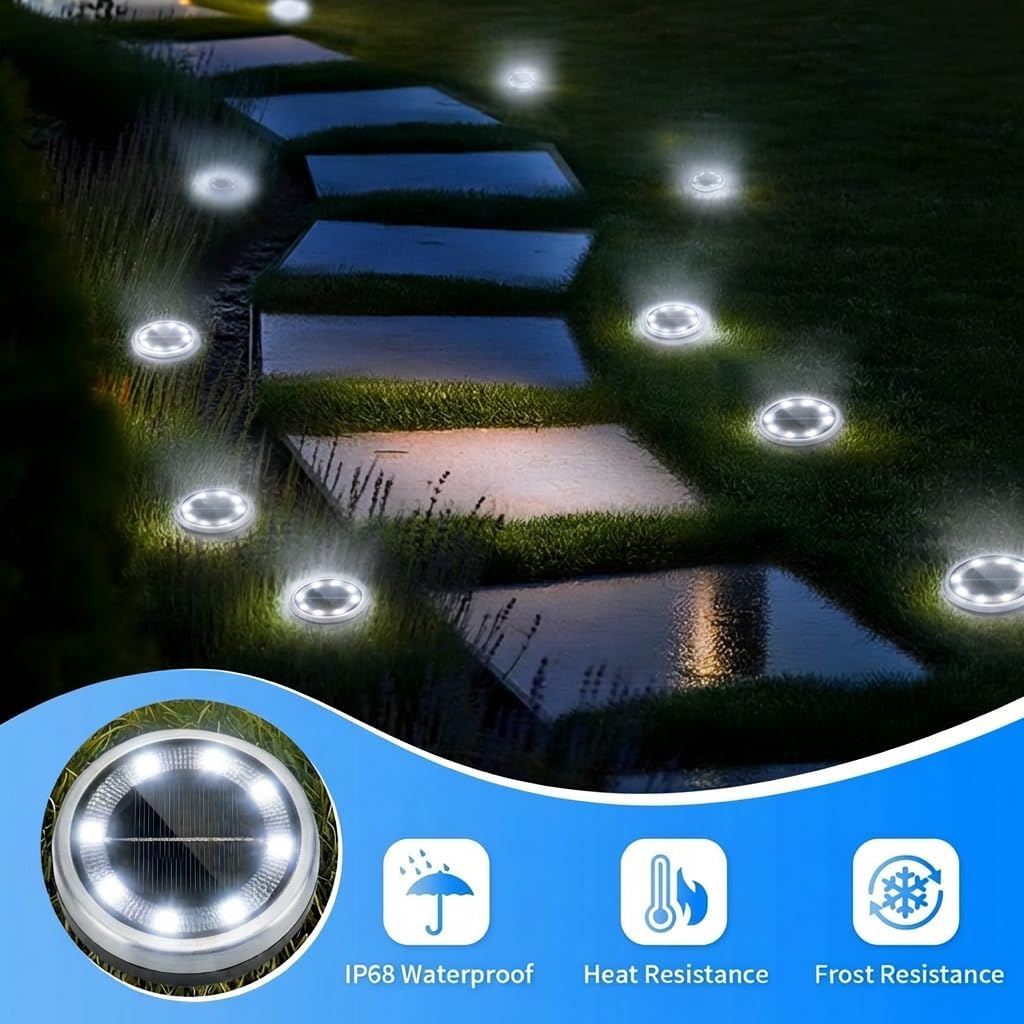 (White) 6PCS Solar Floor Lights Outdoor, 8 LED Lights Waterproof Outdoor Light, IP68 Garden Light Stainless Steel Solar Lamp for Walkway, Terrace, Outdoor, Lawn, Entran