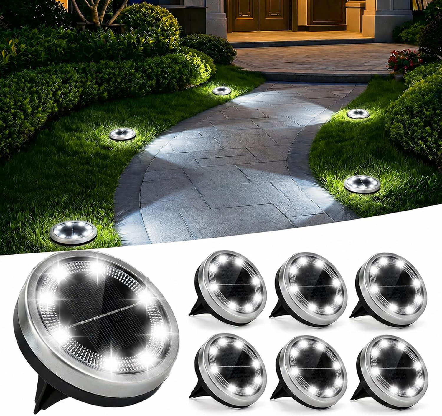 6PCS Solar Floor Lights Outdoor, 8 LED Lights Waterproof Outdoor Light, IP68 Garden Light Stainless Steel Solar Lamp for Walkway, Terrace, Outdoor, Lawn, Entran