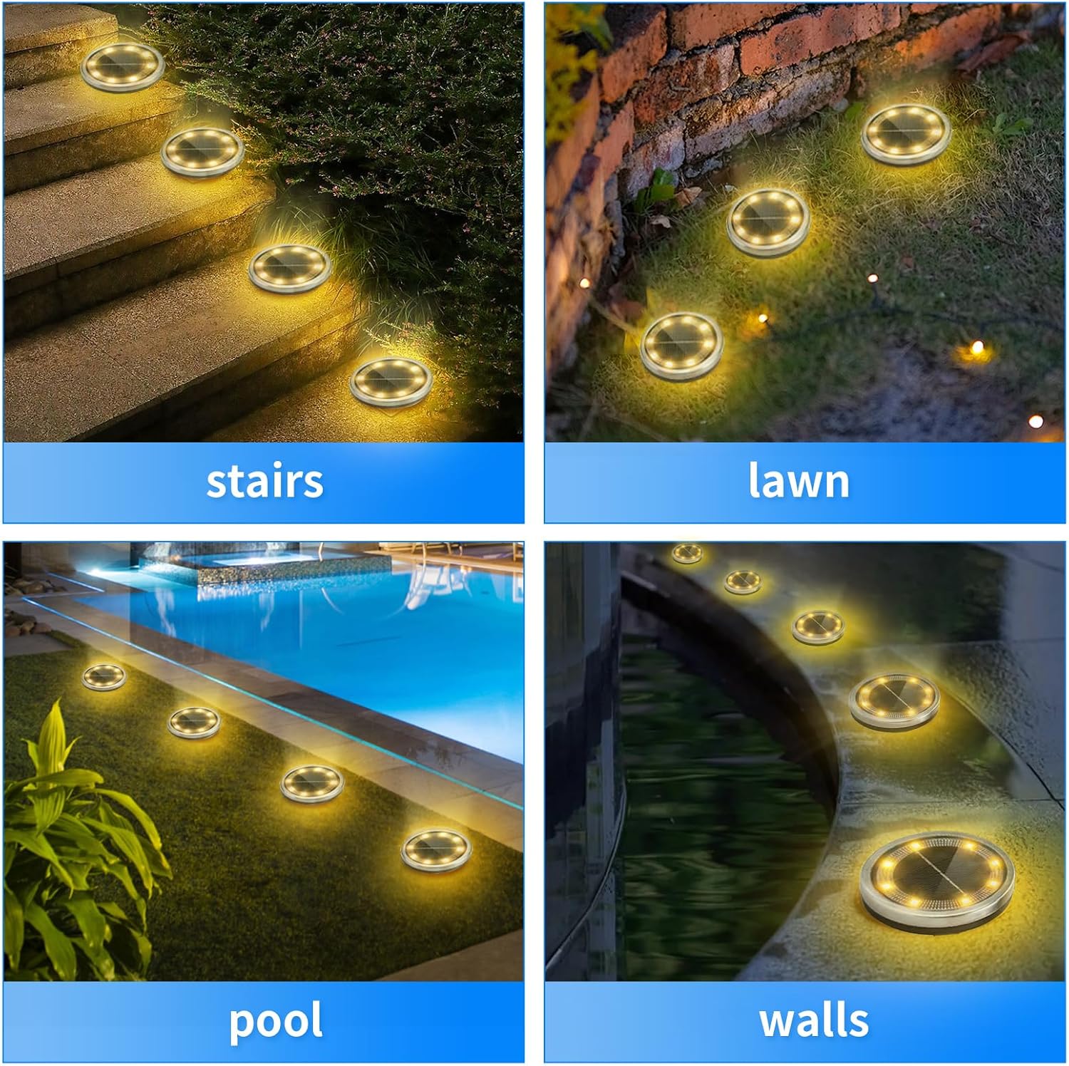 (White) 6PCS Solar Floor Lights Outdoor, 8 LED Lights Waterproof Outdoor Light, IP68 Garden Light Stainless Steel Solar Lamp for Walkway, Terrace, Outdoor, Lawn, Entran