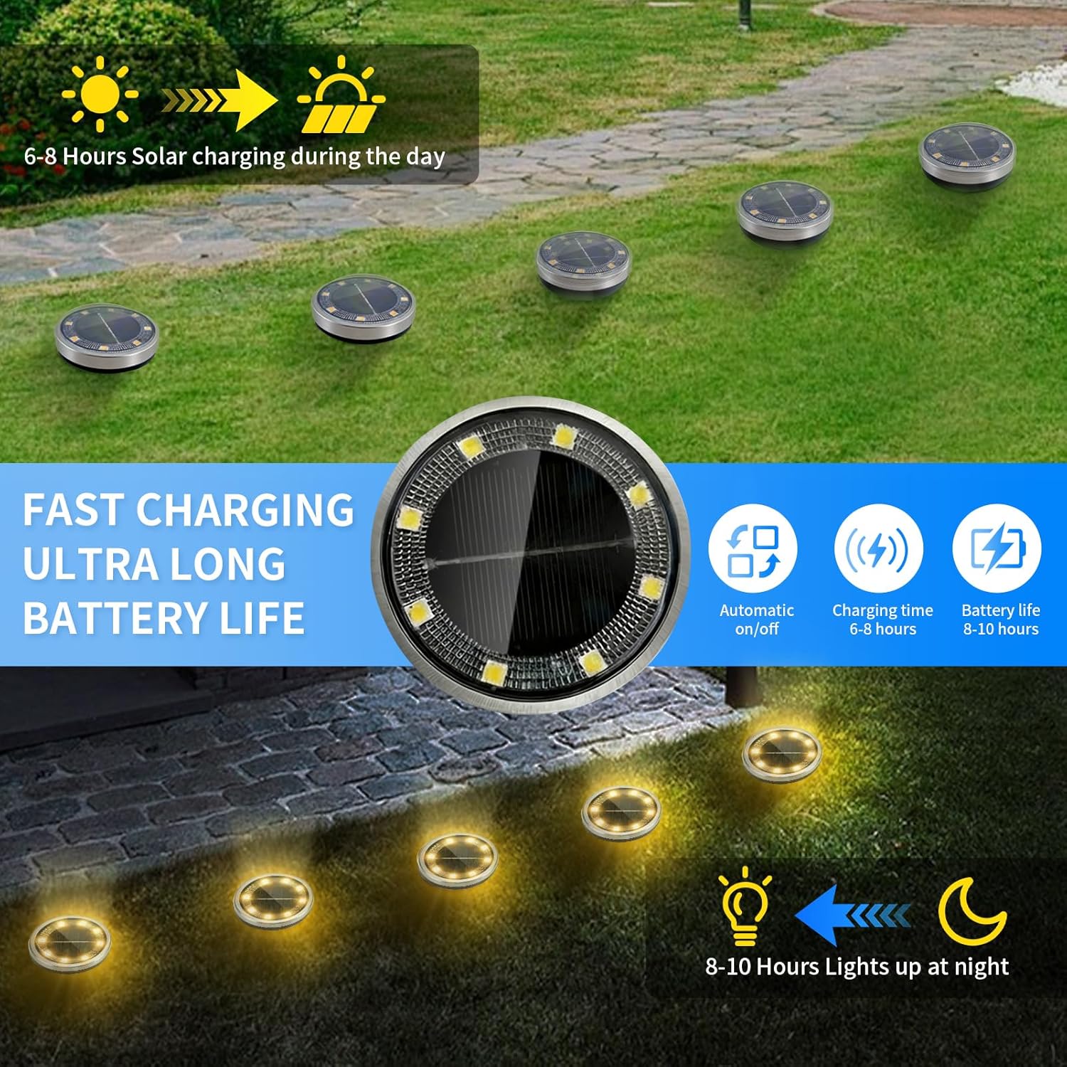 (White) 6PCS Solar Floor Lights Outdoor, 8 LED Lights Waterproof Outdoor Light, IP68 Garden Light Stainless Steel Solar Lamp for Walkway, Terrace, Outdoor, Lawn, Entran