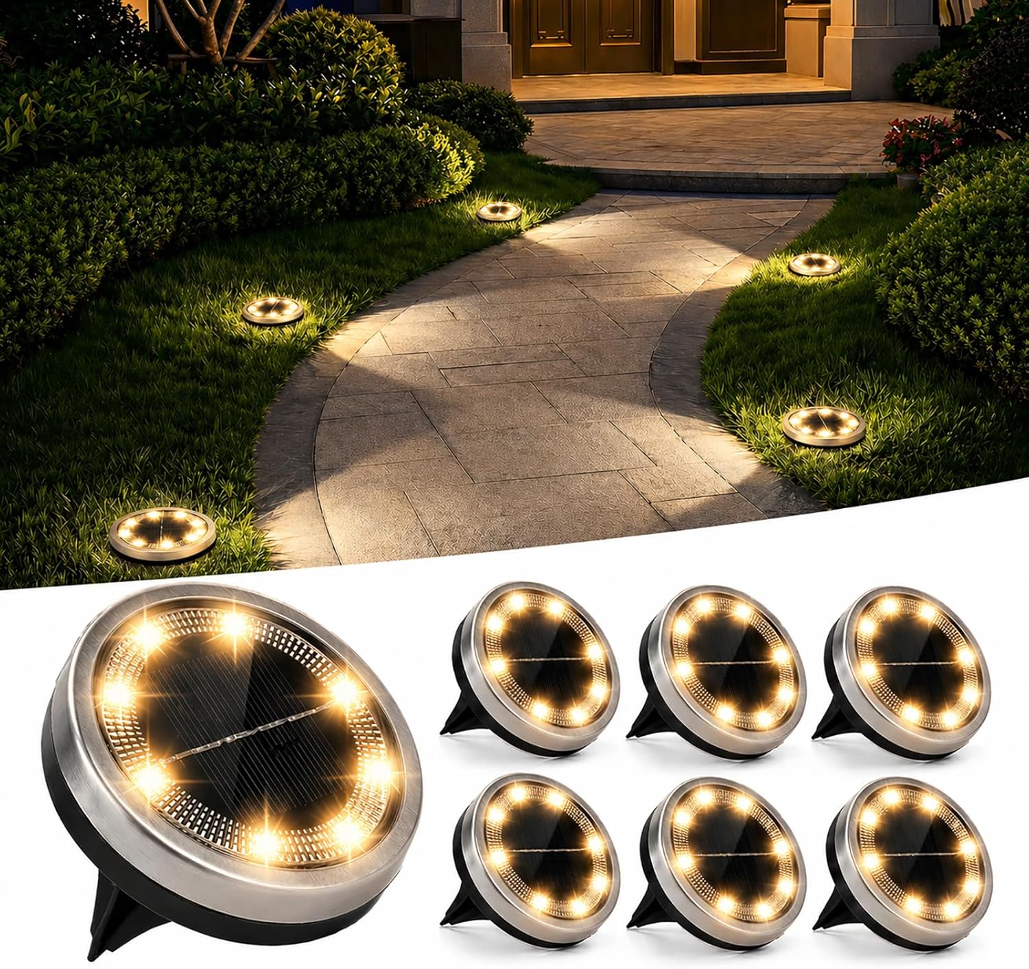 (White) 6PCS Solar Floor Lights Outdoor, 8 LED Lights Waterproof Outdoor Light, IP68 Garden Light Stainless Steel Solar Lamp for Walkway, Terrace, Outdoor, Lawn, Entran