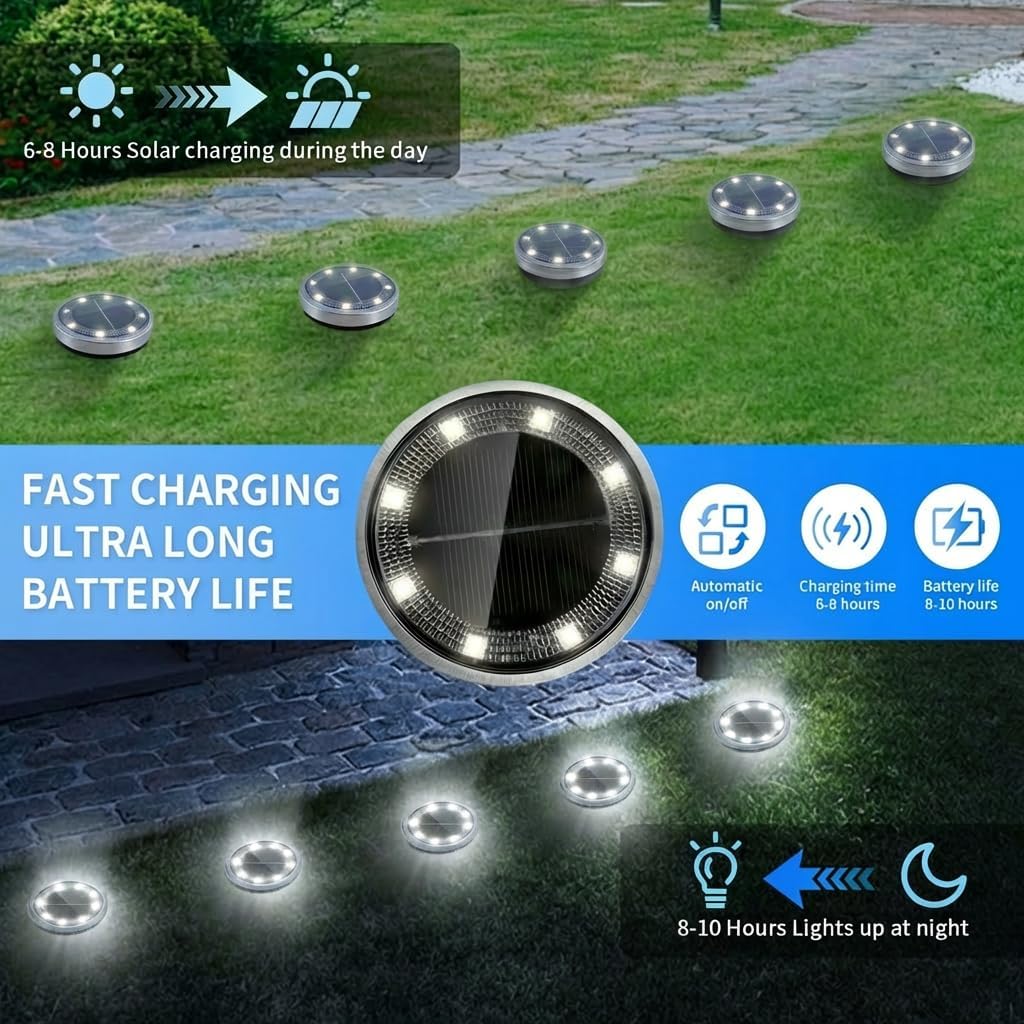 (White) 6PCS Solar Floor Lights Outdoor, 8 LED Lights Waterproof Outdoor Light, IP68 Garden Light Stainless Steel Solar Lamp for Walkway, Terrace, Outdoor, Lawn, Entran