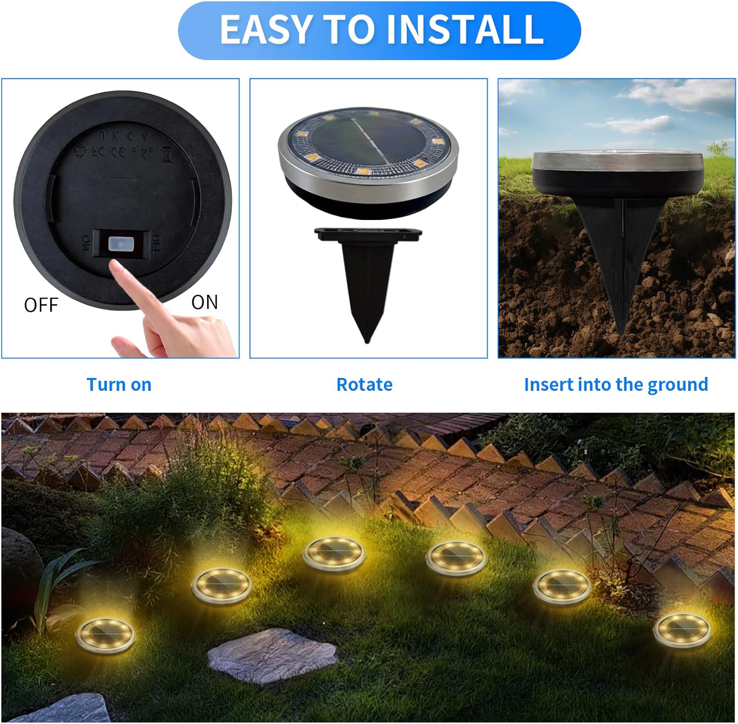 (White) 6PCS Solar Floor Lights Outdoor, 8 LED Lights Waterproof Outdoor Light, IP68 Garden Light Stainless Steel Solar Lamp for Walkway, Terrace, Outdoor, Lawn, Entran