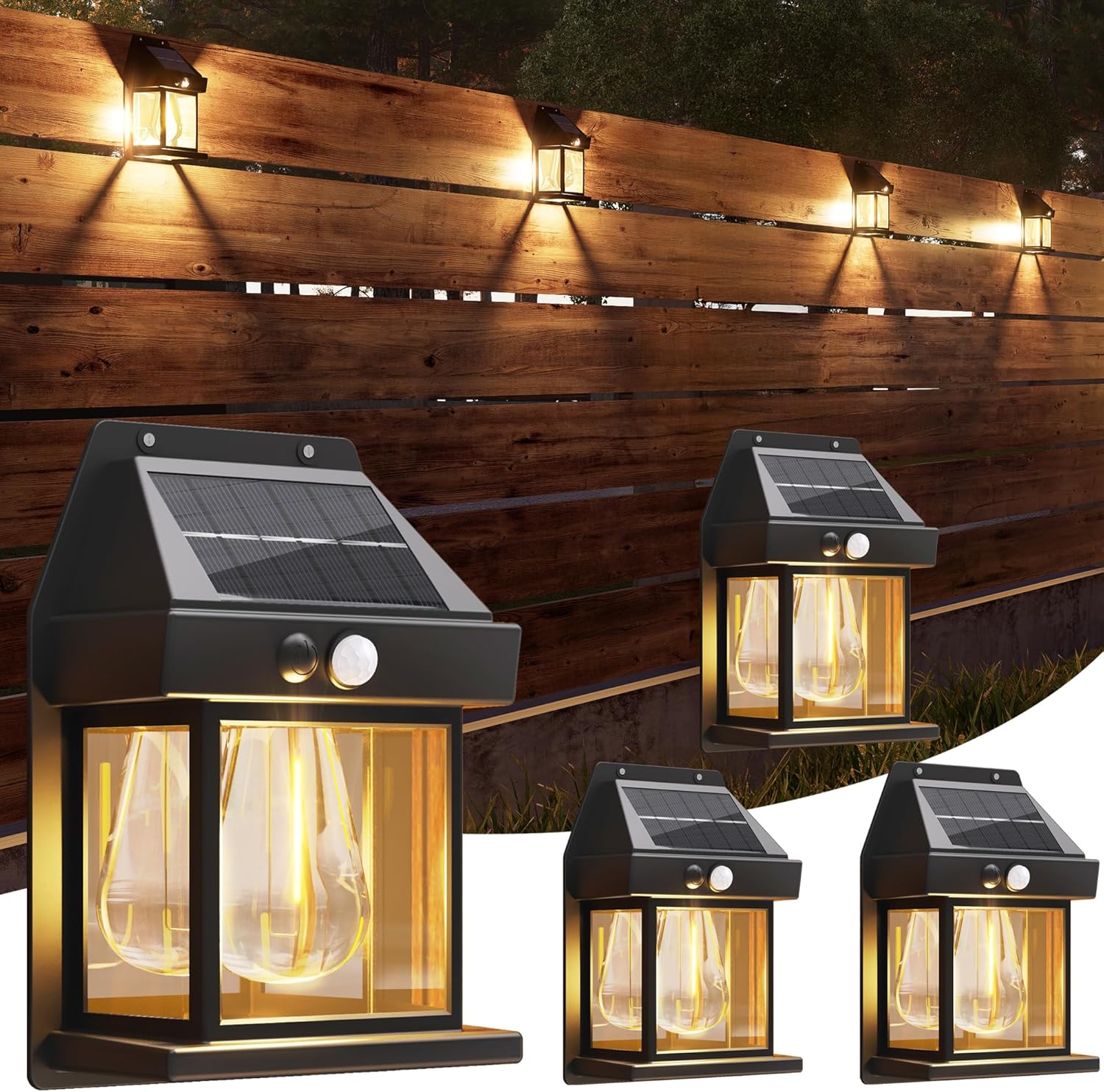 (4 pcs) Solar Lights Outdoor Waterproof Solar Wall Lights with Motion Sensor 3 Lighting Mode for Gardens Courtyards and Porches