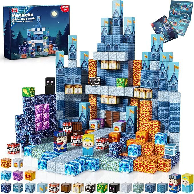 (Blue Castle) Magnetic Building Blocks Toys Set with Minifigures Primeval Forest My World Series Best Gifts for Kids