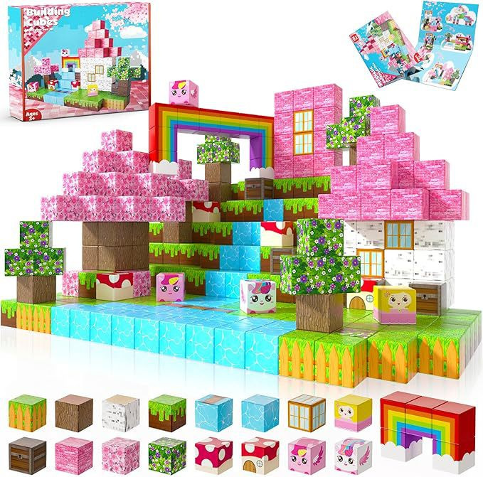 (Blue Castle) Magnetic Building Blocks Toys Set with Minifigures Primeval Forest My World Series Best Gifts for Kids