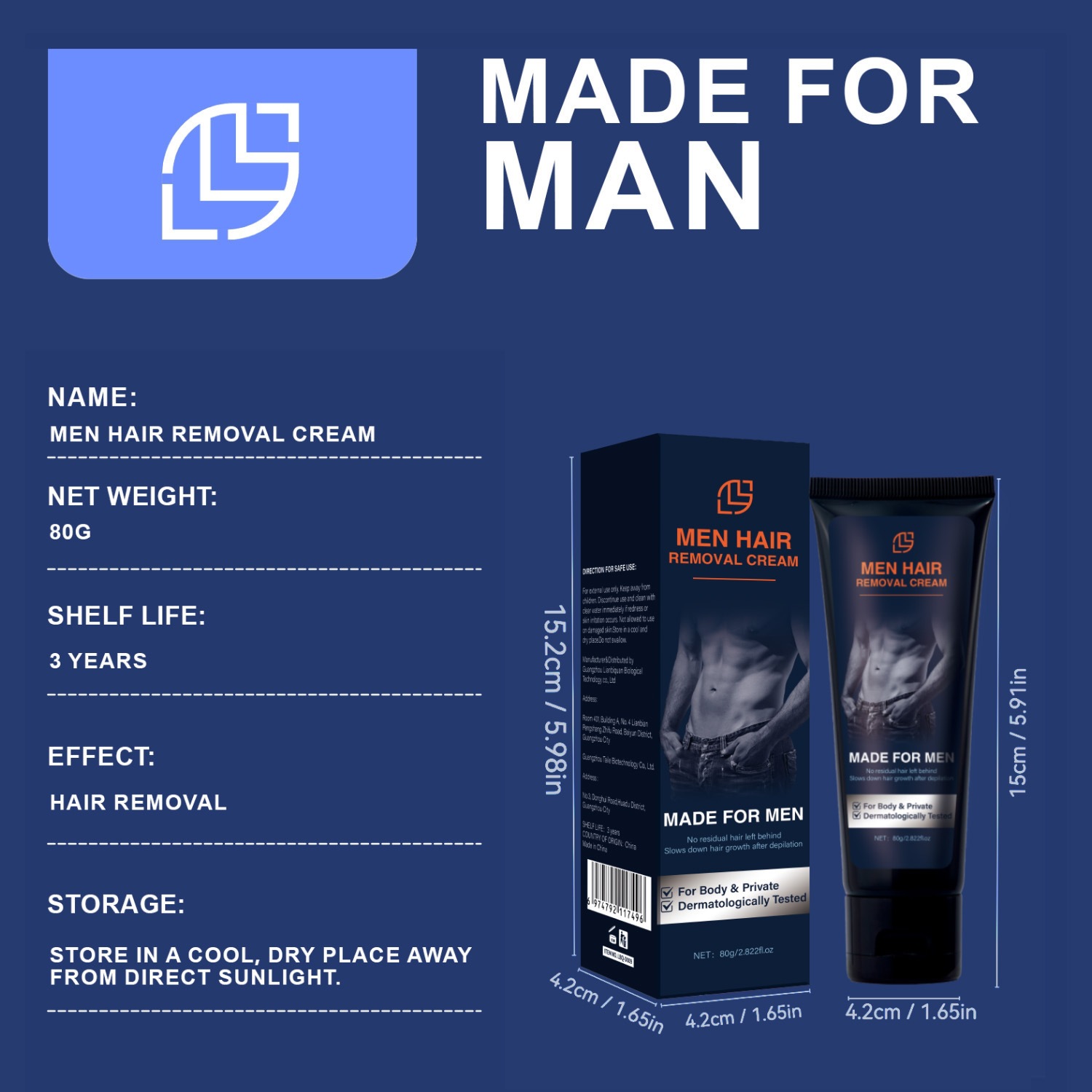 Men’s Gentle Hair Removal Cream Non Irritating for Armpit Legs Arms Daily Home Use Natural 80g