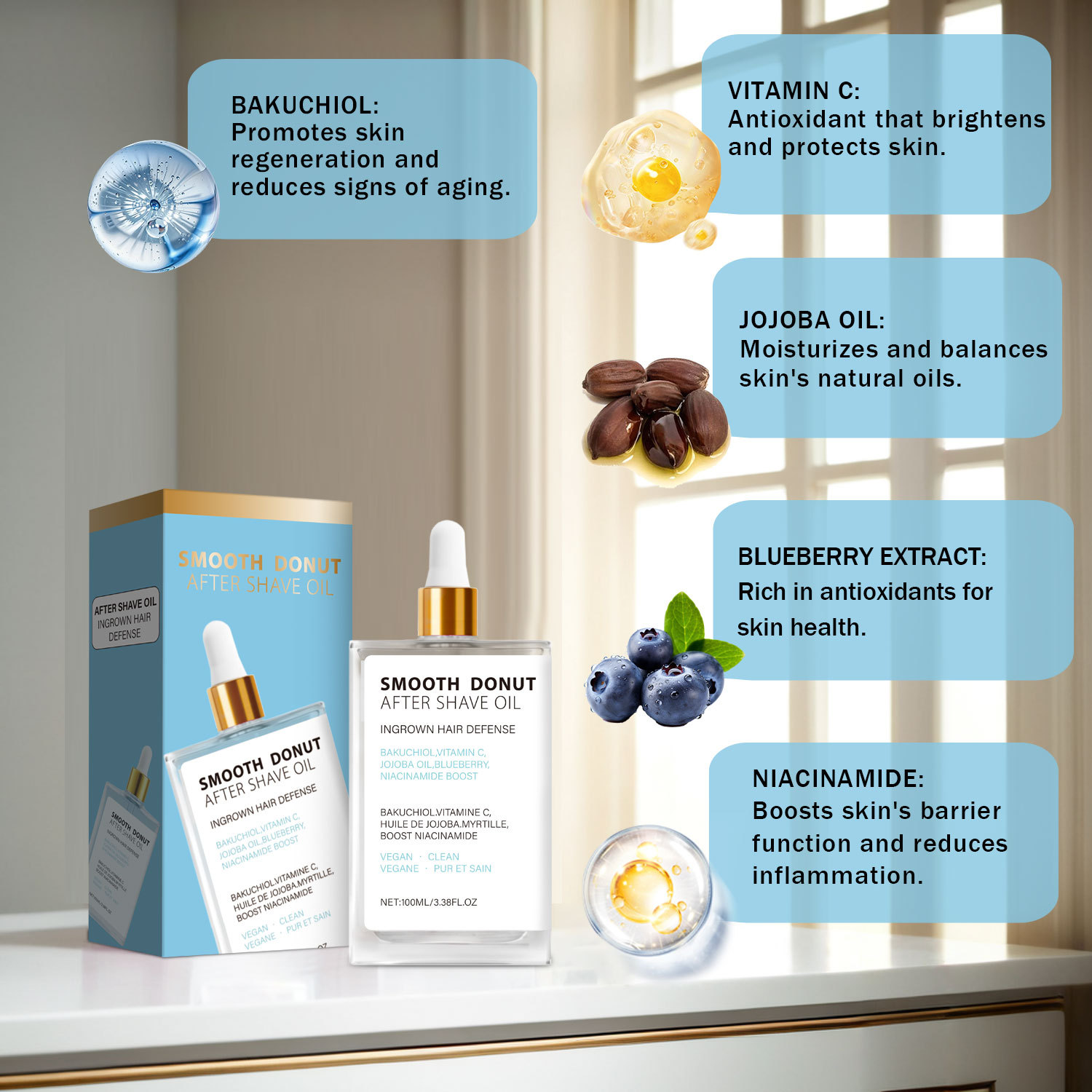 After Shave Oil Vitamin C Bakuchiol Jojoba Oil Niacinamide Blueberry Extract For Soothing Moisturizing And Daily Post Shave Skin Care 100ml
