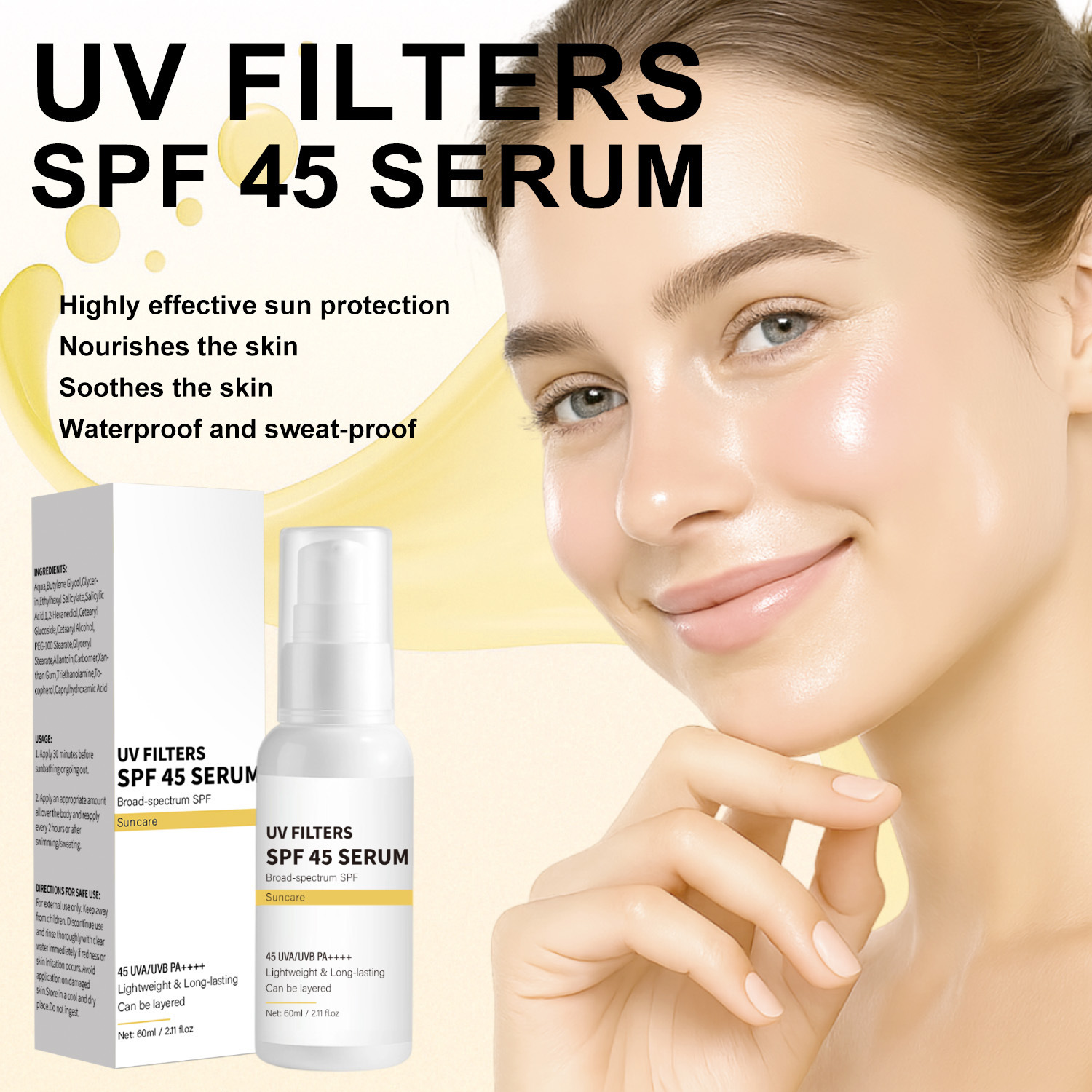 SPF45 UV Protection Face Serum Broad Spectrum Sunscreen For Daily Hydrating Anti Aging Skin Shield 60ml