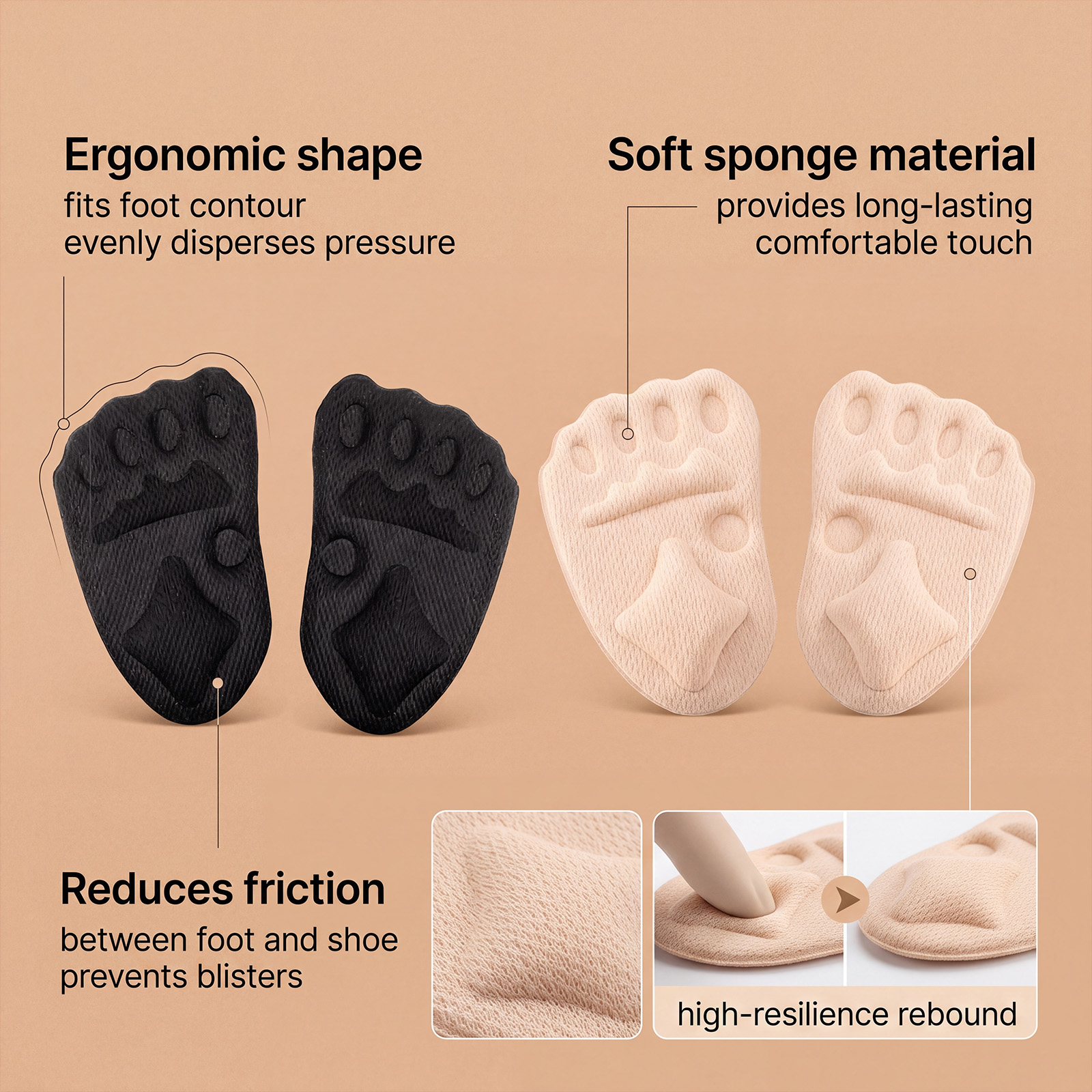 (Black) High Heel Forefoot Pad Soft Comfortable AntiSlip AntiShift Firm Light Portable Thin Refreshing SkinFriendly Washable