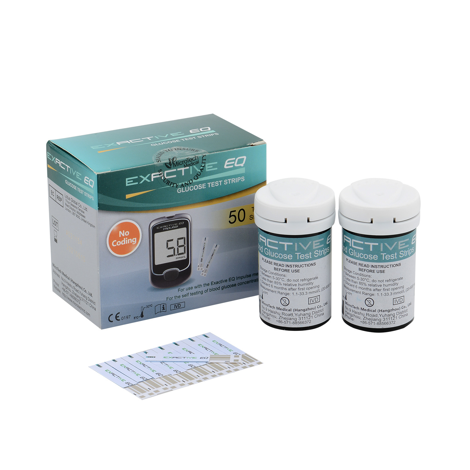 (Host mg/dL+50X test paper+50X needles) EXACTIVE EQ IMPULSE Blood Glucose Monitor Kit + Test Strips + Lancets