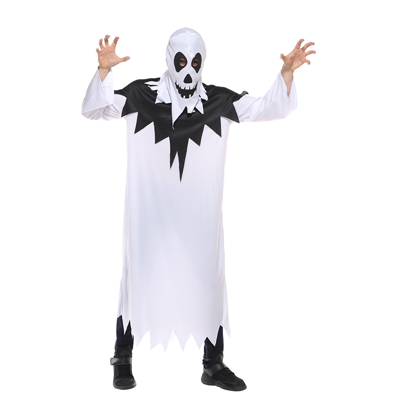 (165~175cm) Halloween Ghost Costume Hooded Cape Men Cosplay Robe Scary Hat Fancy Dress Zombie Cloak White Devil Soul Dress Set
