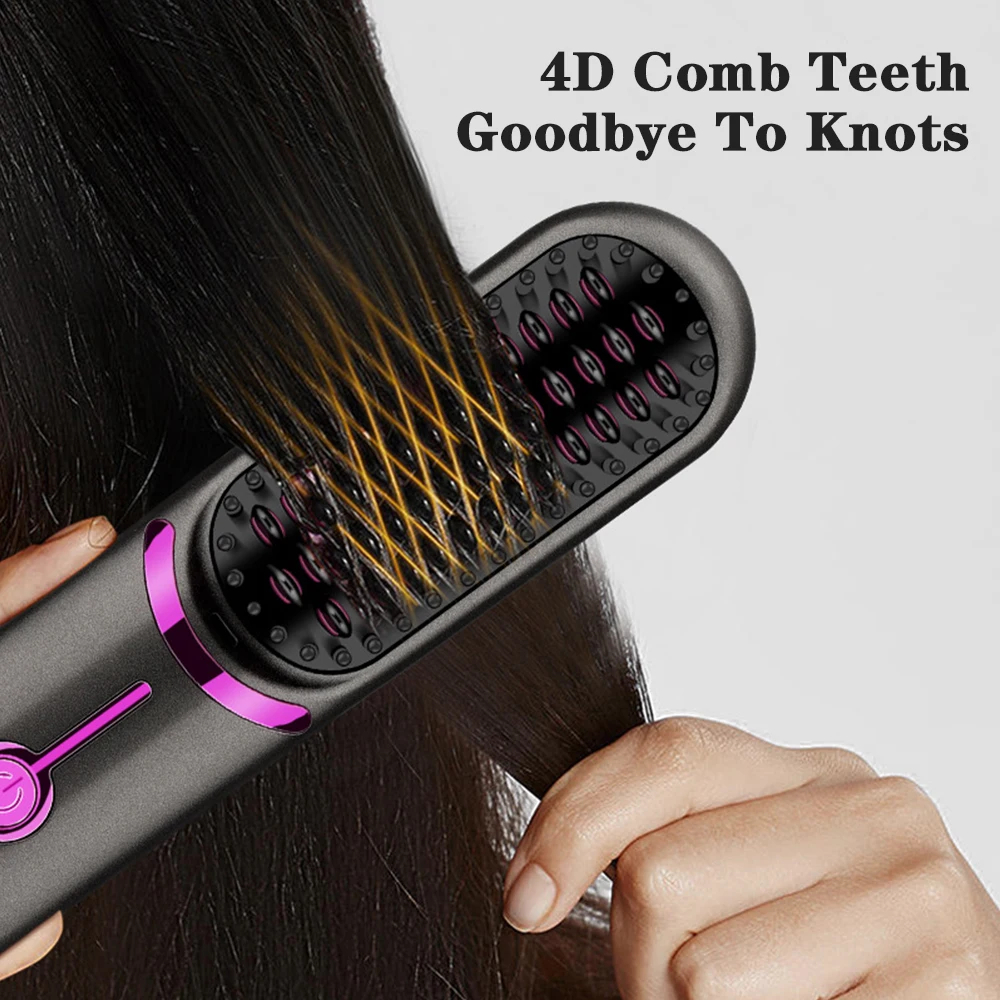 (Black) Hair Straightener Brush Wireless Hair Straightener Comb Mini Travel Electric Hair Comb for Women Portable Rechargeable 3 Temperature Modes Fast Heating