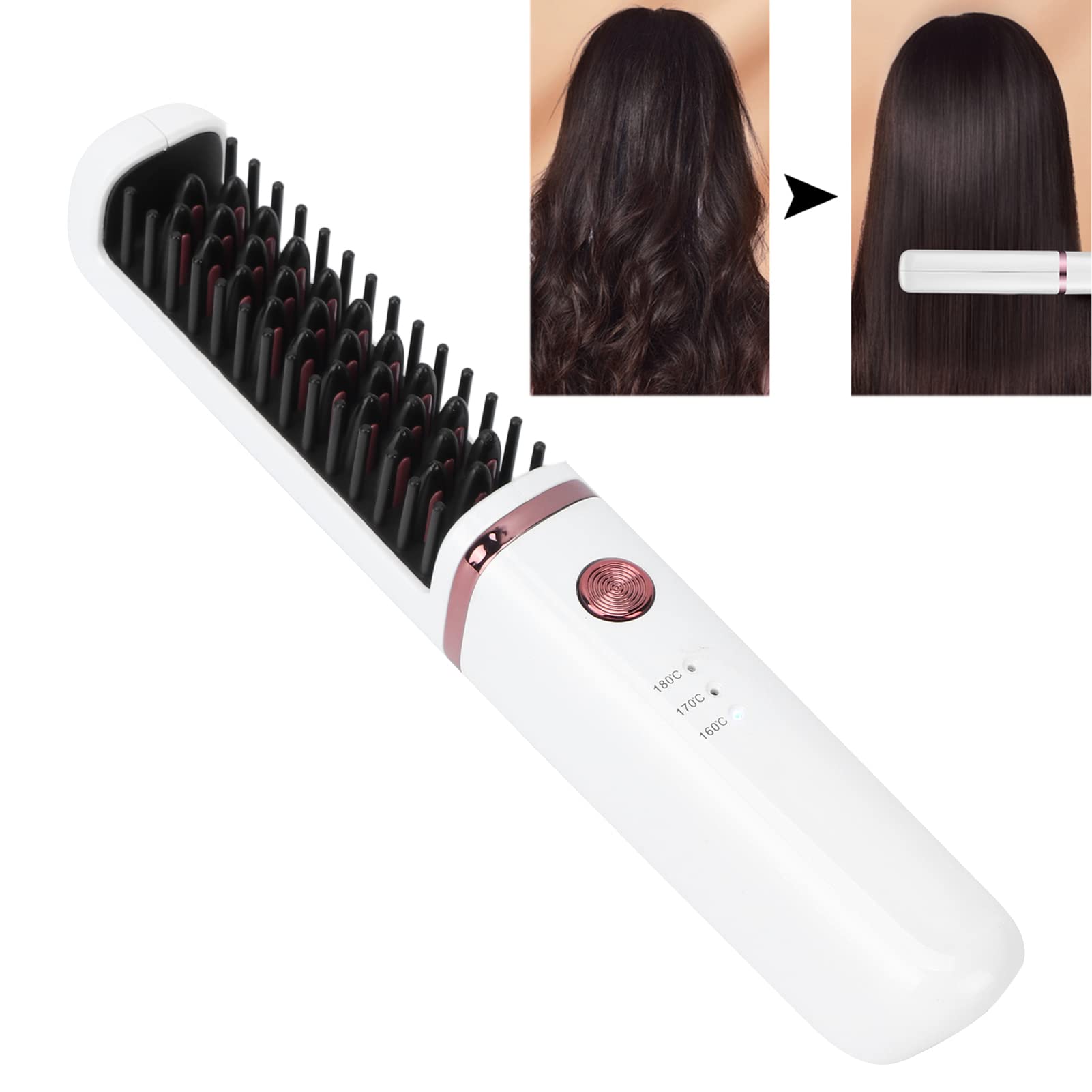 Wireless Straight Hair Comb USB Rechargeable Ceramic Hair Straightener with 3 Levels Adjustable Temper