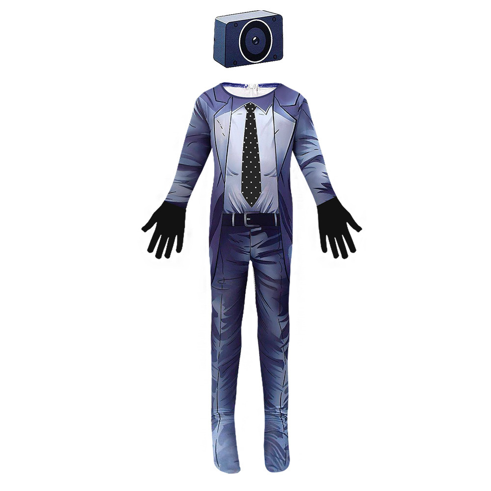 (Size 110) Skibidi Toilet Projector Man Cosplay Costume for Boy Kid Video Game Jumpsuit Bodysuit for Halloween Fancy Dress up with Mask