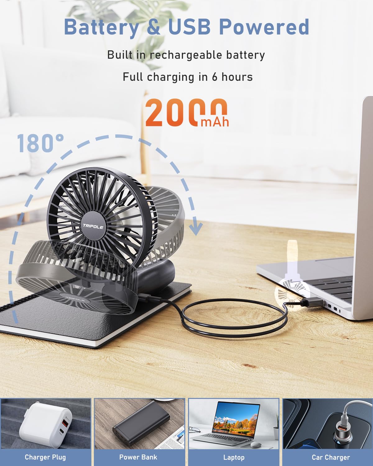(Black) TriPole Handheld Fan Rechargeable Foldable Battery USB Fan Personal Pocket Fan 3 Speed Mini Handheld Desk Fan Adjustable Portable Fan for Indoor Camp Sport