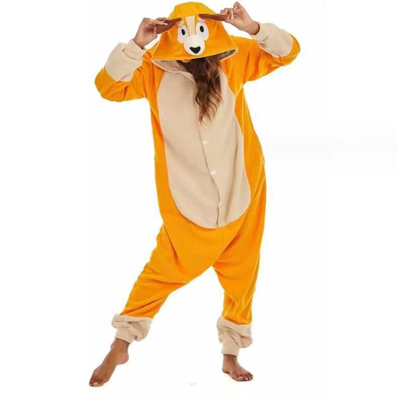 ( S (150~160cm)) Blue Dog Animal Adults Cartoon Orange Dog Onesies Winter Pajamas Halloween Cosplay Costumes Jumpsuit Christmas Gift